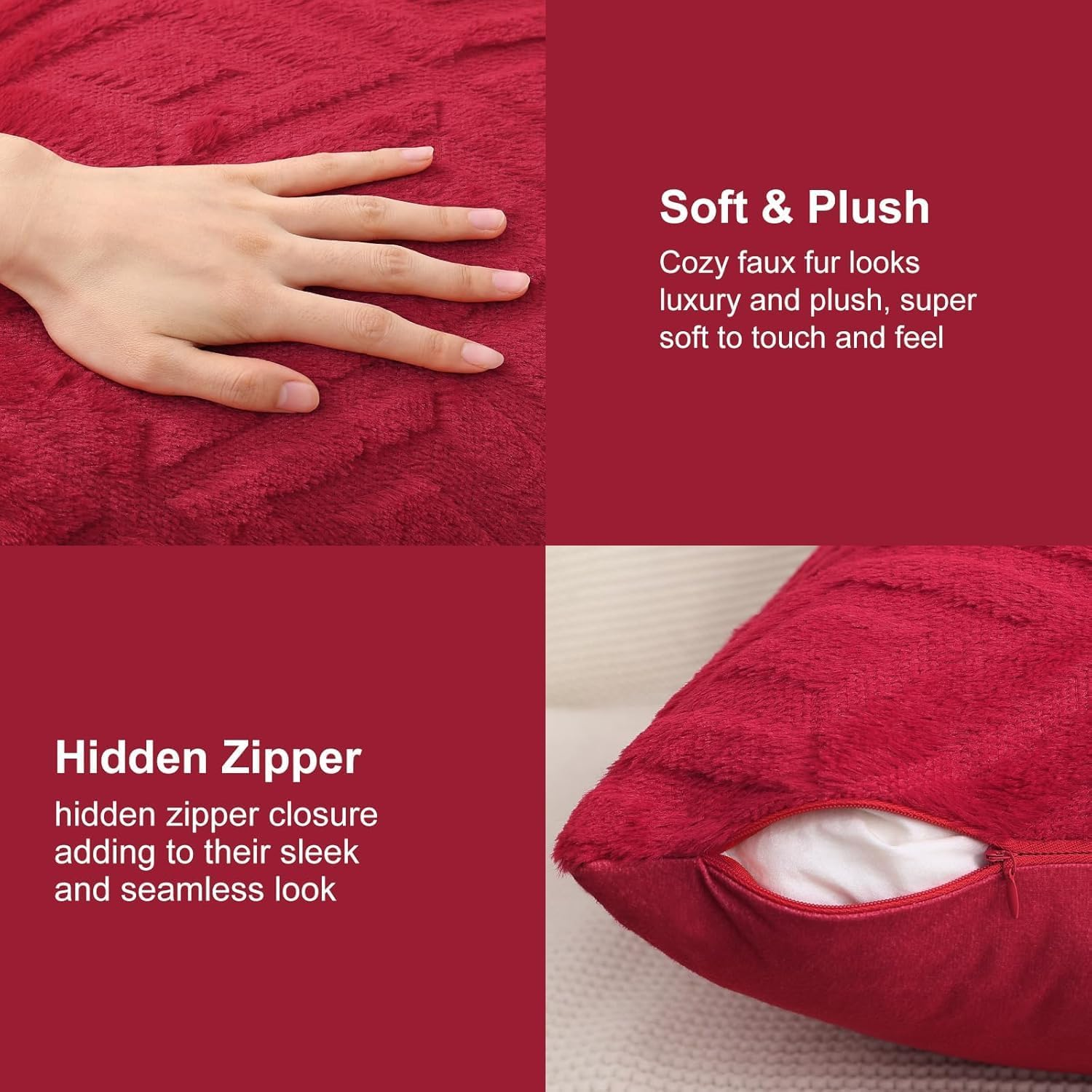 2Pcs Soft Faux Fur Throw Pillow Covers 18X18 - Plush Short Wool Velvet Decorative Pillow Covers - Couch Sofa Pillow Covers for Living Room - with 3D Diamond Pattern (Red) image number 3