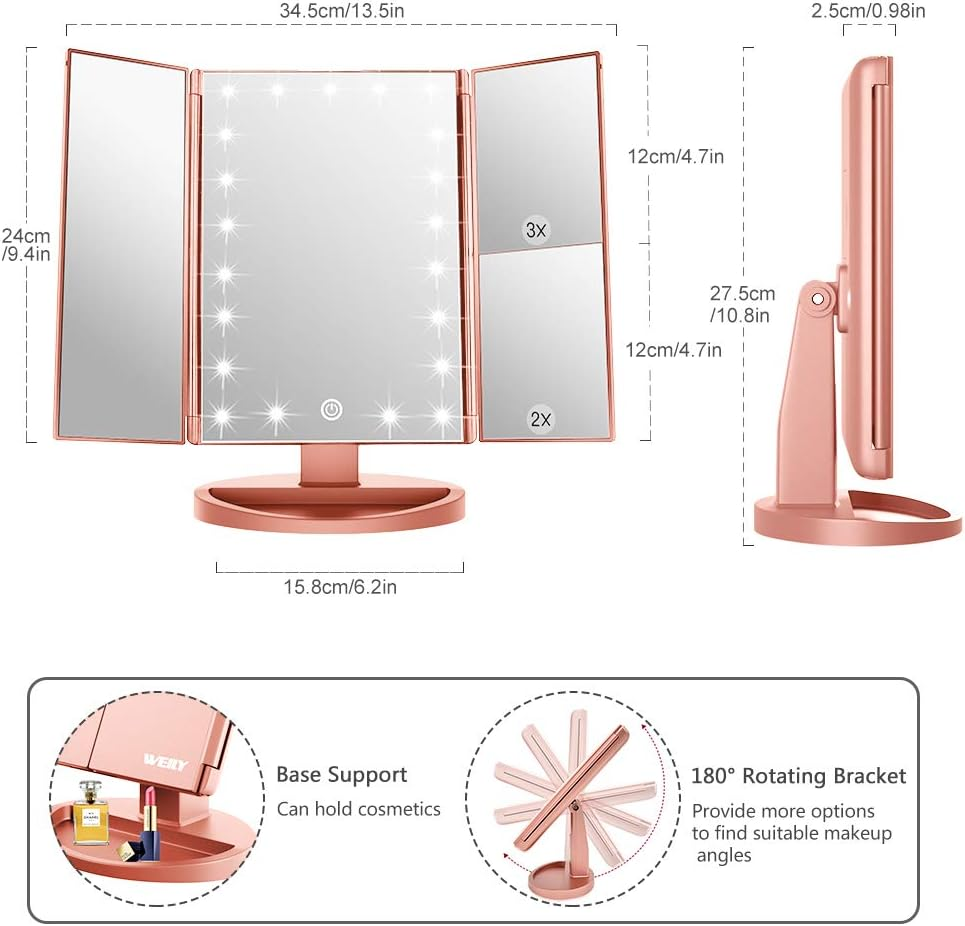 WEILY Lighted Makeup Mirror, Tri-Fold Vanity Mirror with 1X/2X/3X Magnification Mirrors, 21 Natural LED Nights and Touch Screen, Chargeable Travel Cosmetic Mirror for Desktop (Rose Gold) image number 4