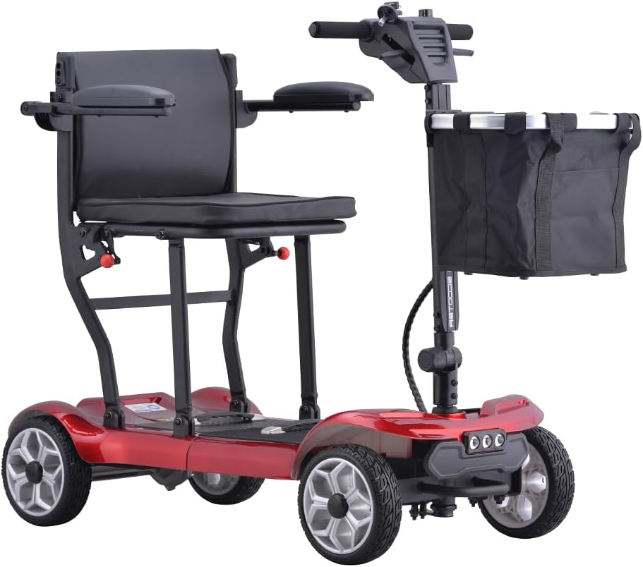 19KG Lightweight Foldable Electric Mobility Scooter Dual 13.2Ah Lithium Batteries, 270W Brush - Less Motor, 120KG Load Capacity, 35KM Range,For Easy Travel and Mobility (Red with Storage Bag)