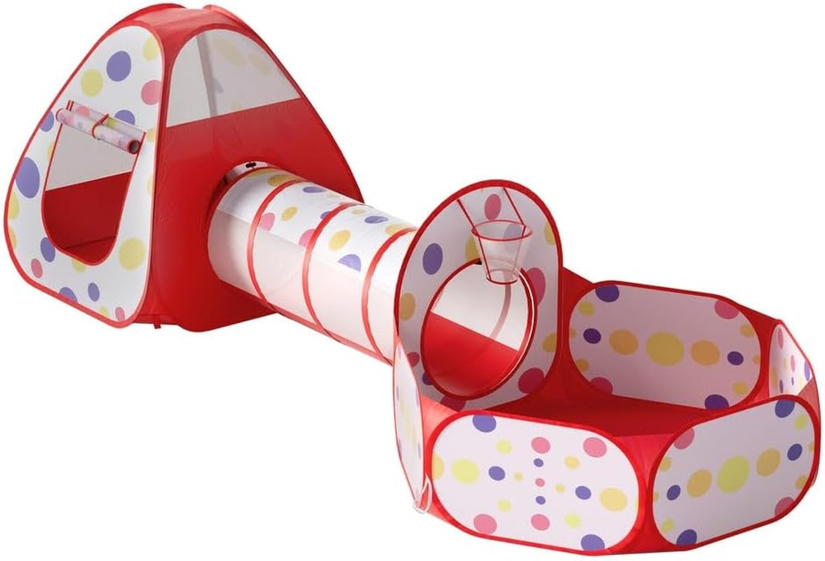 KEEZI Kids Playhouse Play Tent Pop up Teepee Ball Pit Tunnel Basketball Hoop Red image number 2