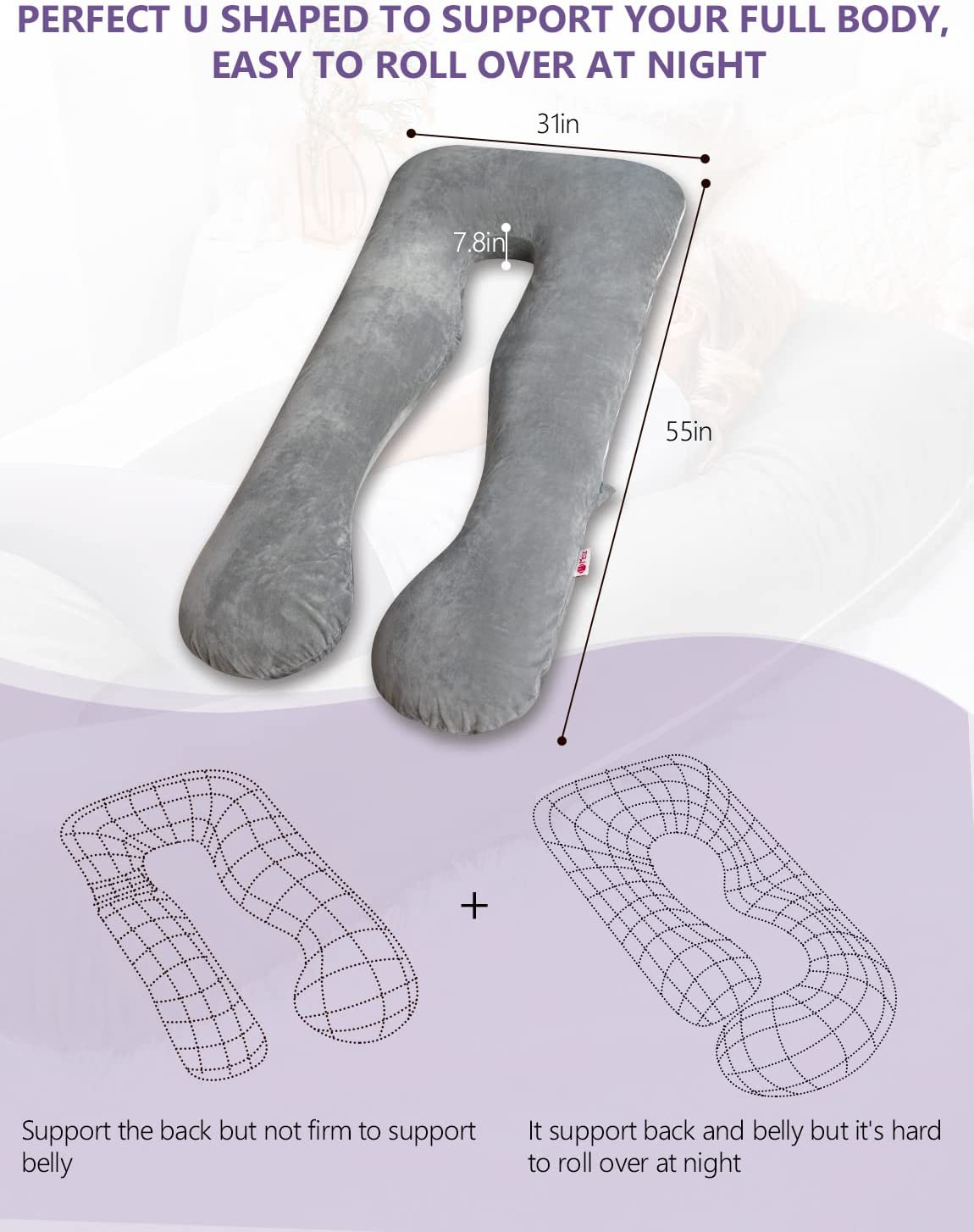 Meiz Pregnancy Pillow, U Shaped Pregnancy Body Pillow with Zipper Removable Cover (Gray- Velvet) image number 2