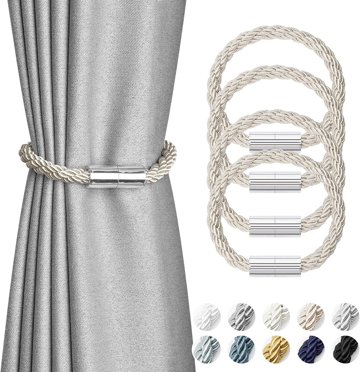 Pretty Jolly 2 Pack Mini Magnetic Curtain Tiebacks Modern Simple Style Drape Tie Backs Elegant Decorative Weave Rope Curtain Holdbacks for Home & Office Thin Window Draperies (Black)