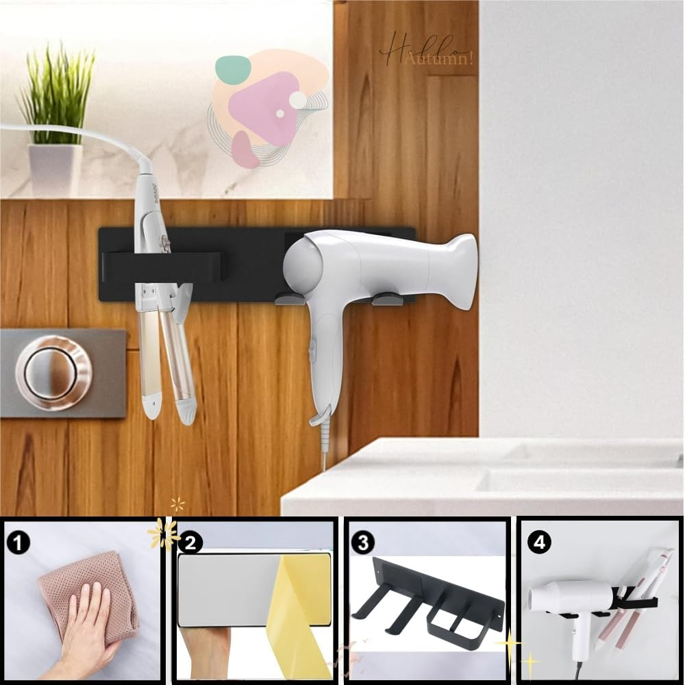 Black Hair Dryer Stand, Wall-Mounted Hair Dryer Station Accessories, Bathroom Hair Care Tool Organizer, Multi-Functional Space Storage Stand image number 3