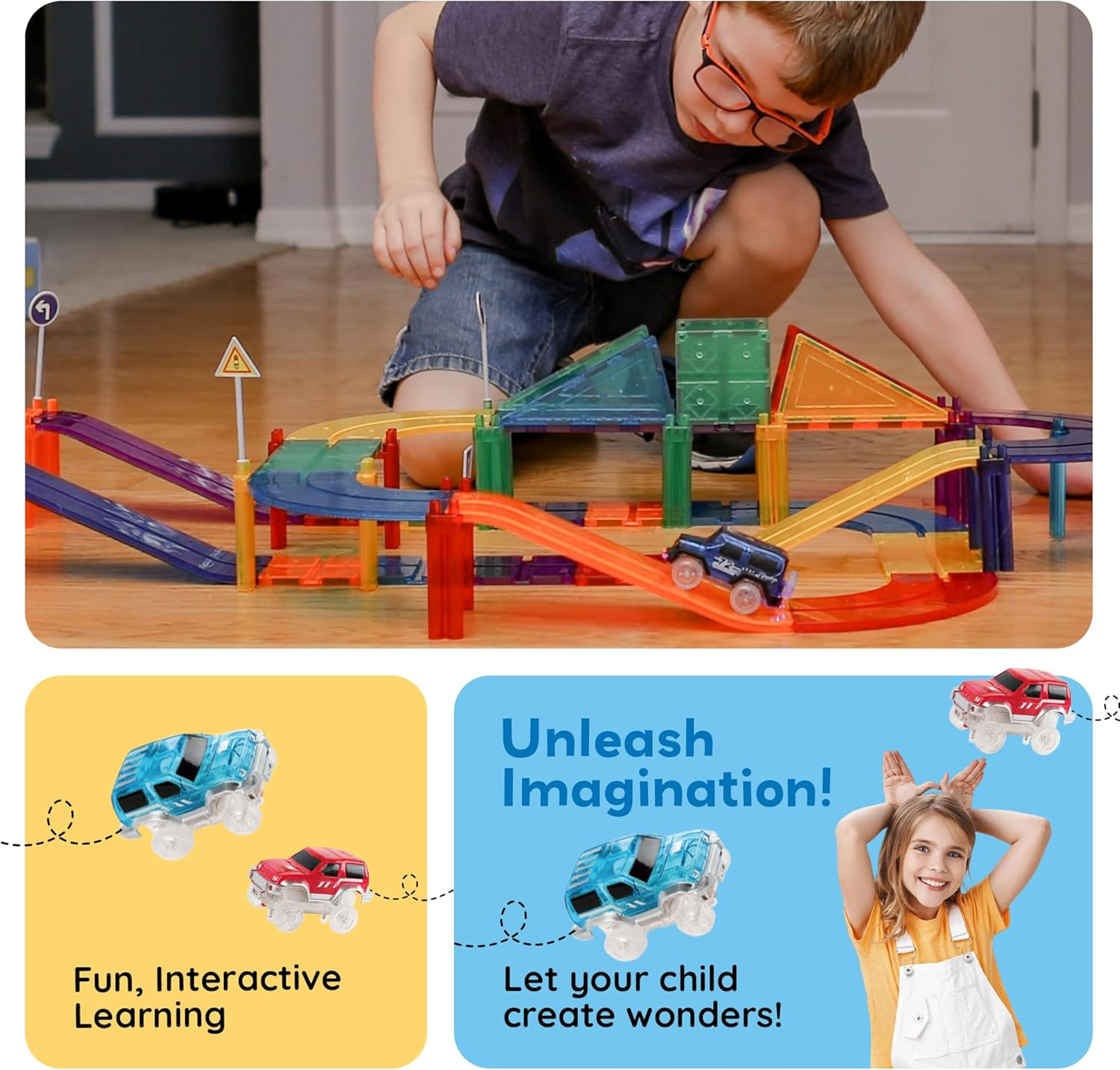 Picassotiles Magnetic Race Track Toys Car Tracks Set for Toddlers Magnet Building Blocks Tiles Sensory Toys for Kids Include 2 Trucks STEM Engage in Thrilling Races Age 3+ Year Old Boys Girls image number 3