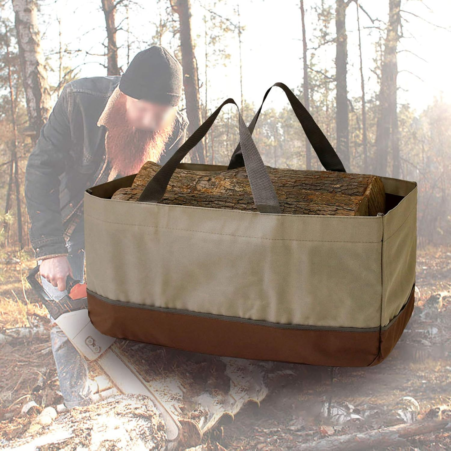 Tignapoo Firewood Log Carrier Large Firewood Bag Wax Canvas Log Carrier Tote High Capacity Durable Fire Wood Holder Bag Fireplace Accessories image number 2