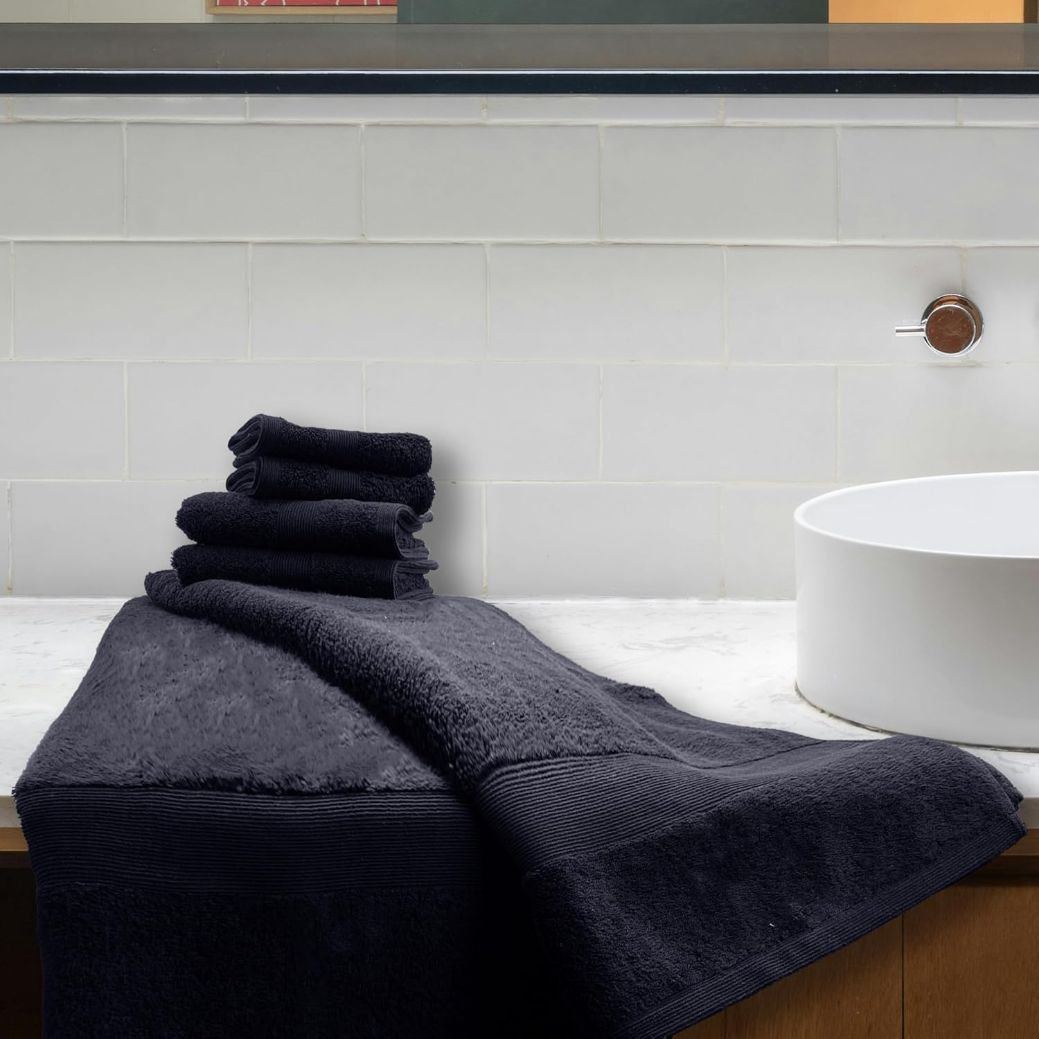 GABA Egyptian Bath Towel 7 Piece Bath Towel Set, 2 Washcloths, 2 Hand Towels, 2 Bath Towels & 1 Bath Mat, Bath Towel Sets with Bath Mat, Egyptian Hotel Bath Towel, Luxury Bath Towels (Navy-Blue) - Black image number 3