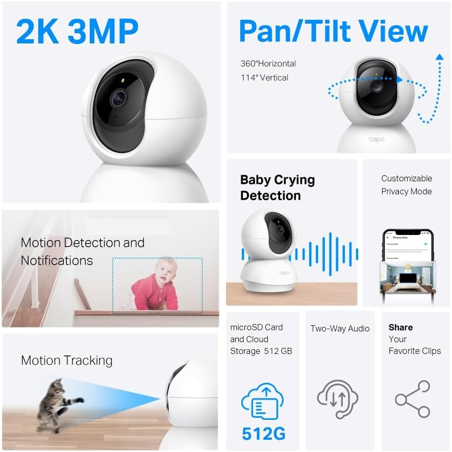 Tp-Link Tapo Pan/Tilt Home Wi-Fi Camera, 2K 3MP, Motion Detection, Night Vision, SD Card Slot, Voice Control, High-Definition Video, No Hub Required, Two-Way Audio, Baby Monitor, Tapo Sharing(Tc71) image number 4