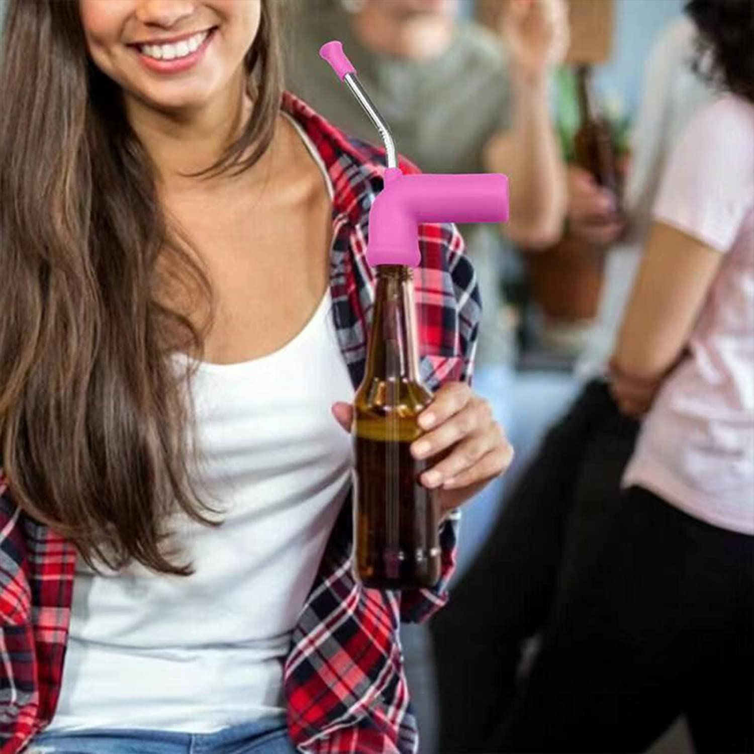 2 Pcs Beer Funnel Snorkel Drinking Straw,Beer Snorkel,Beer Bong Funnel Double Snorkel Drinking Beer Bar Tools Festivals Party Dispenser with Cleaning Brush(Pink & Black) image number 2