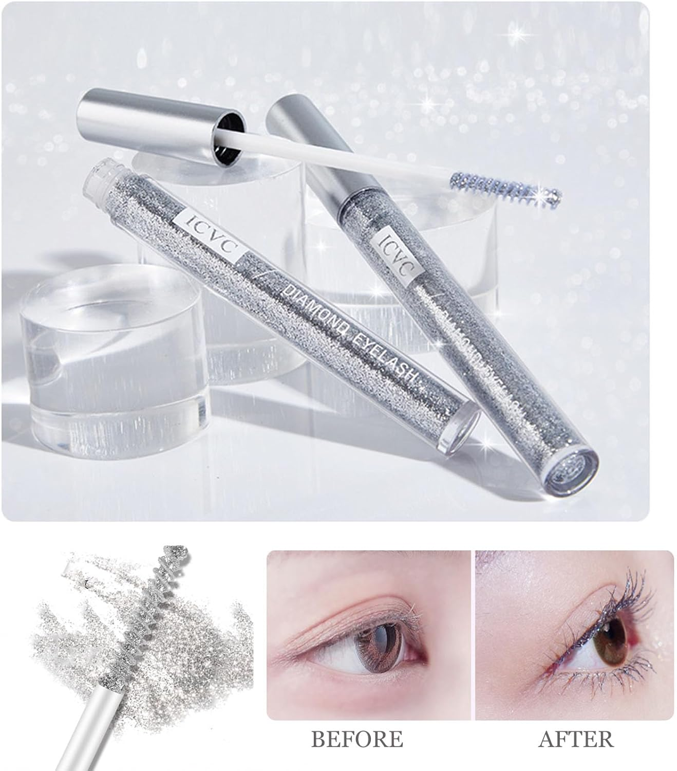 Diamond Glitter Lashes Mascara Waterproof Shimmer Coloured Mascaracharming Longlasting Mascara Perfect for Stage Party Wedding Music Festival Very Sparkling Eyes Makeup image number 5