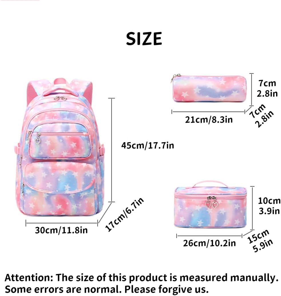 Coolwife School Backpack Set Lunch Bag Pencil Case 3 Pieces Teens Girls Cute Primary Junior Middle Students Daypacks, Tie-Dye Stars Pink, One Size, Casual Student - Strawberry Pink image number 4