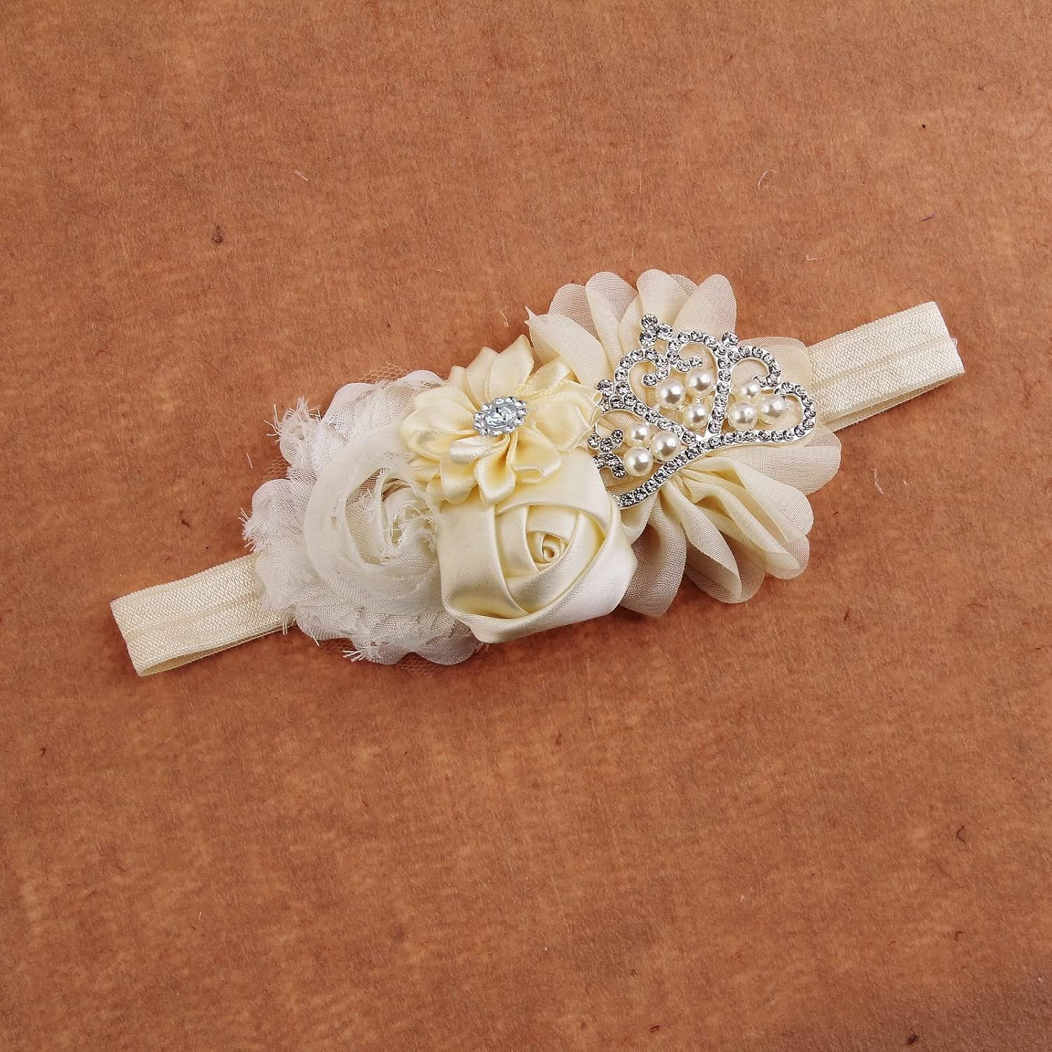 Nishine Baby Christening Headband Toddler Girls Fabric Flower Headband Tiara Stretchy Elastic in Pairs (Child, Ivory/Dusty Pink) image number 2