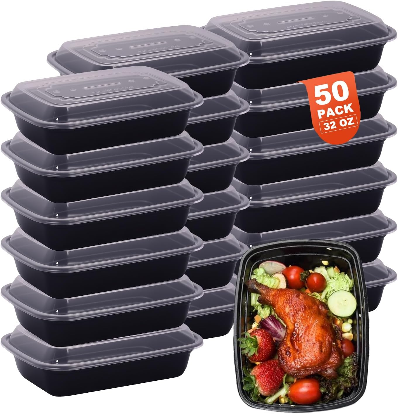 [50 Pack] STEUGO 1 Compartment Black Meal Prep Containers - Reusable Plastic Meal Storage Containers with Airtight Lids,Take Out Containers, Microwavable, Freezer and Dishwasher Safe (38 Oz) image number 2