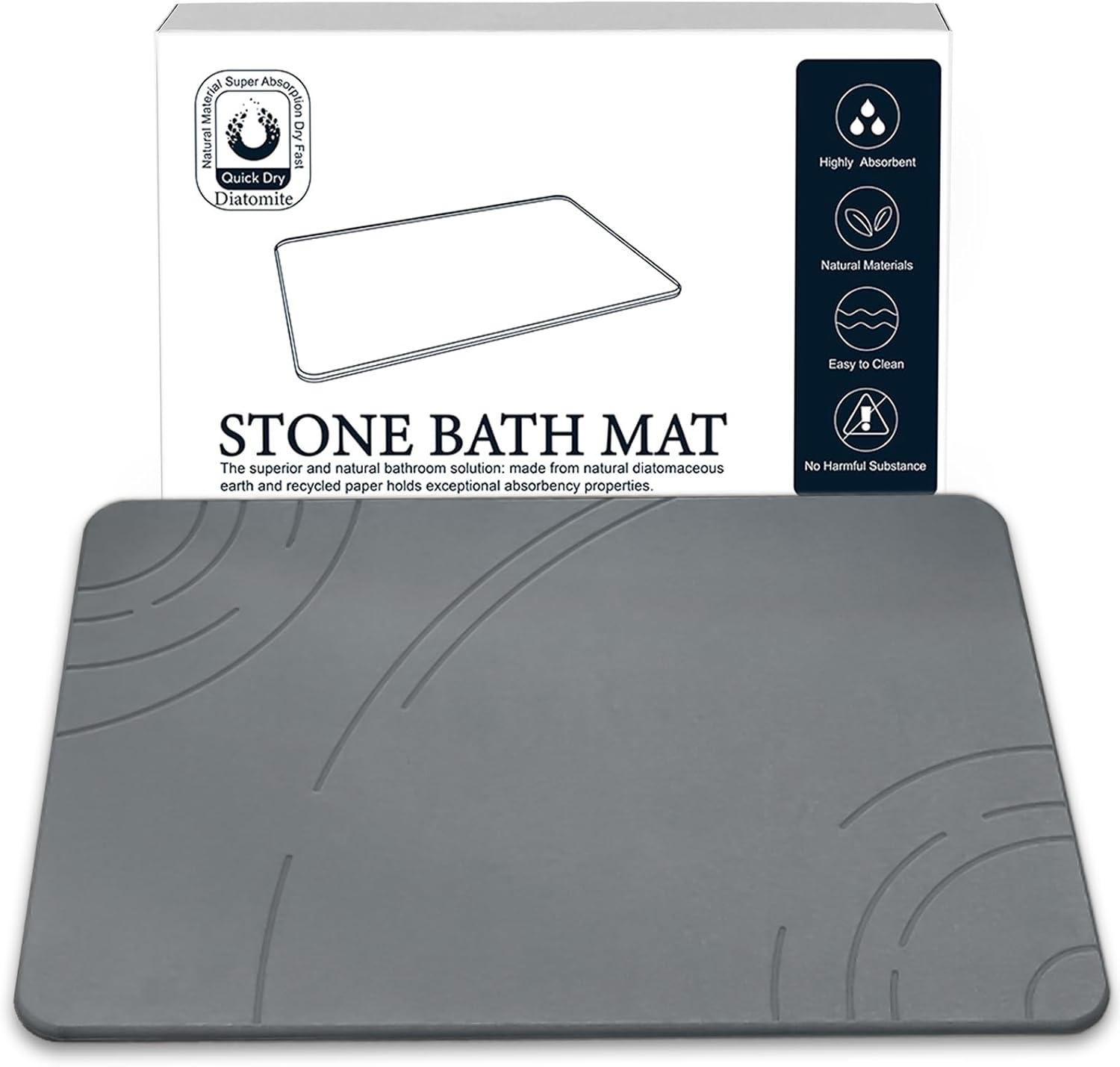 Stone Bath Mat, Diatomaceous Earth Shower Mat,(23.6" X 15.4") Non-Slip Super Absorbent Quick Drying Bathroom Floor Mat, Natural-Elegant & Modern Design, Easy to Clean (Striped Dark Gray)