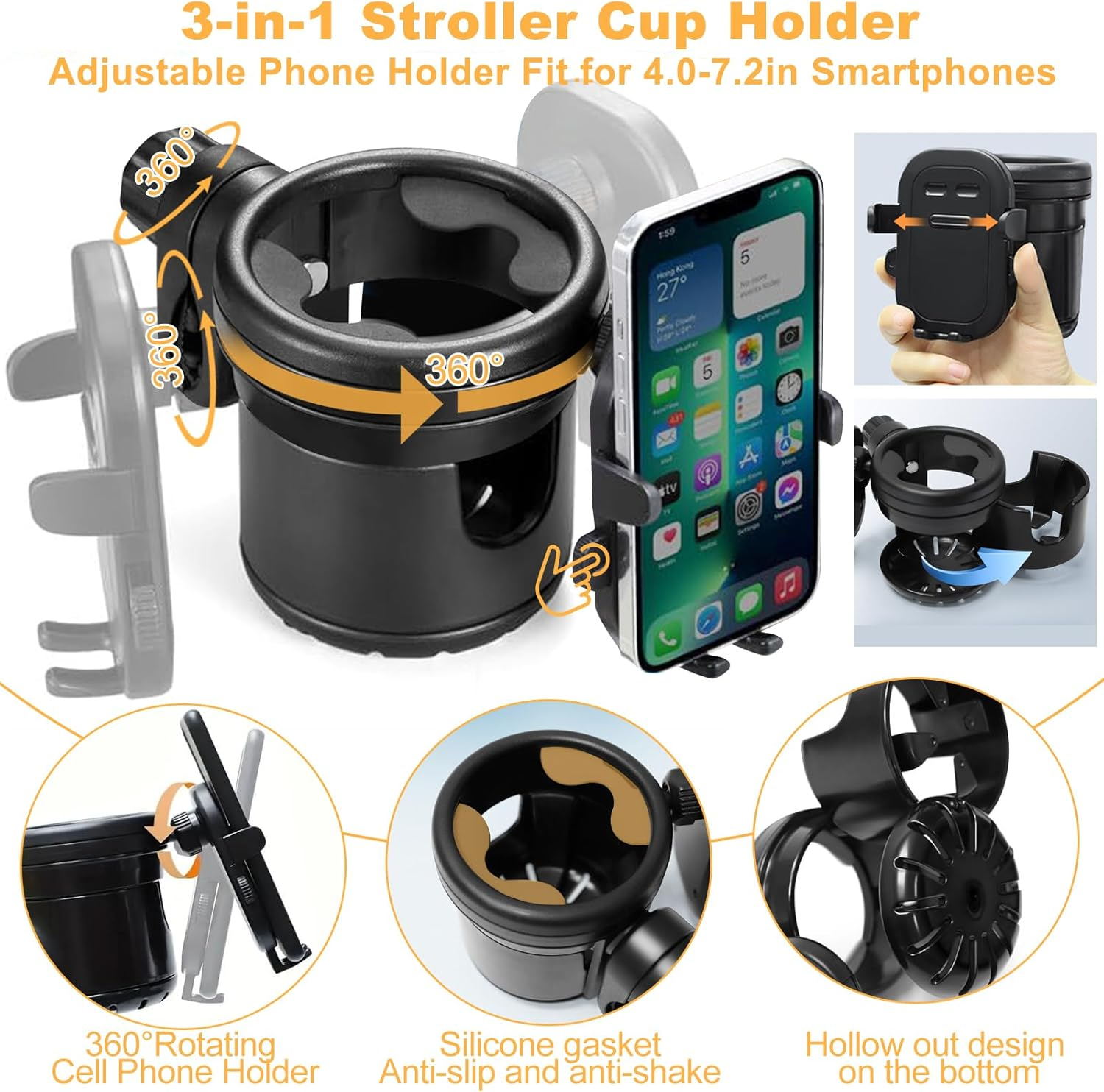 Stroller Cup Holder with Phone Holder, Universal 360 Degree Rotation Pram Drink Holder, 3-In-1 Strollers Storage Rack for Pushchair, Wheelchair, Bike, Wheelchair, Walker, Fits Most Cups (Black) image number 4