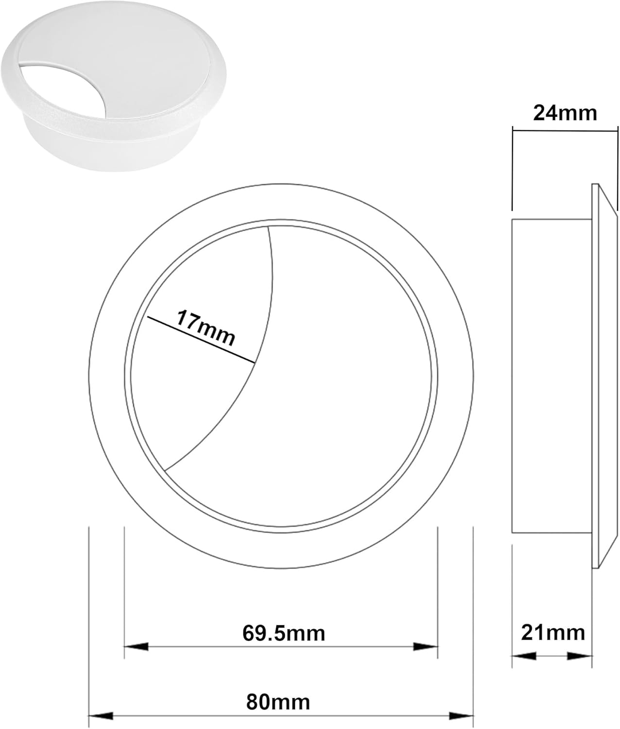 Cyclingcolors 2 X Cable Grommets 70 Mm Furniture Office Cable Guide Cable Outlet Cable Box Plastic (White) image number 1
