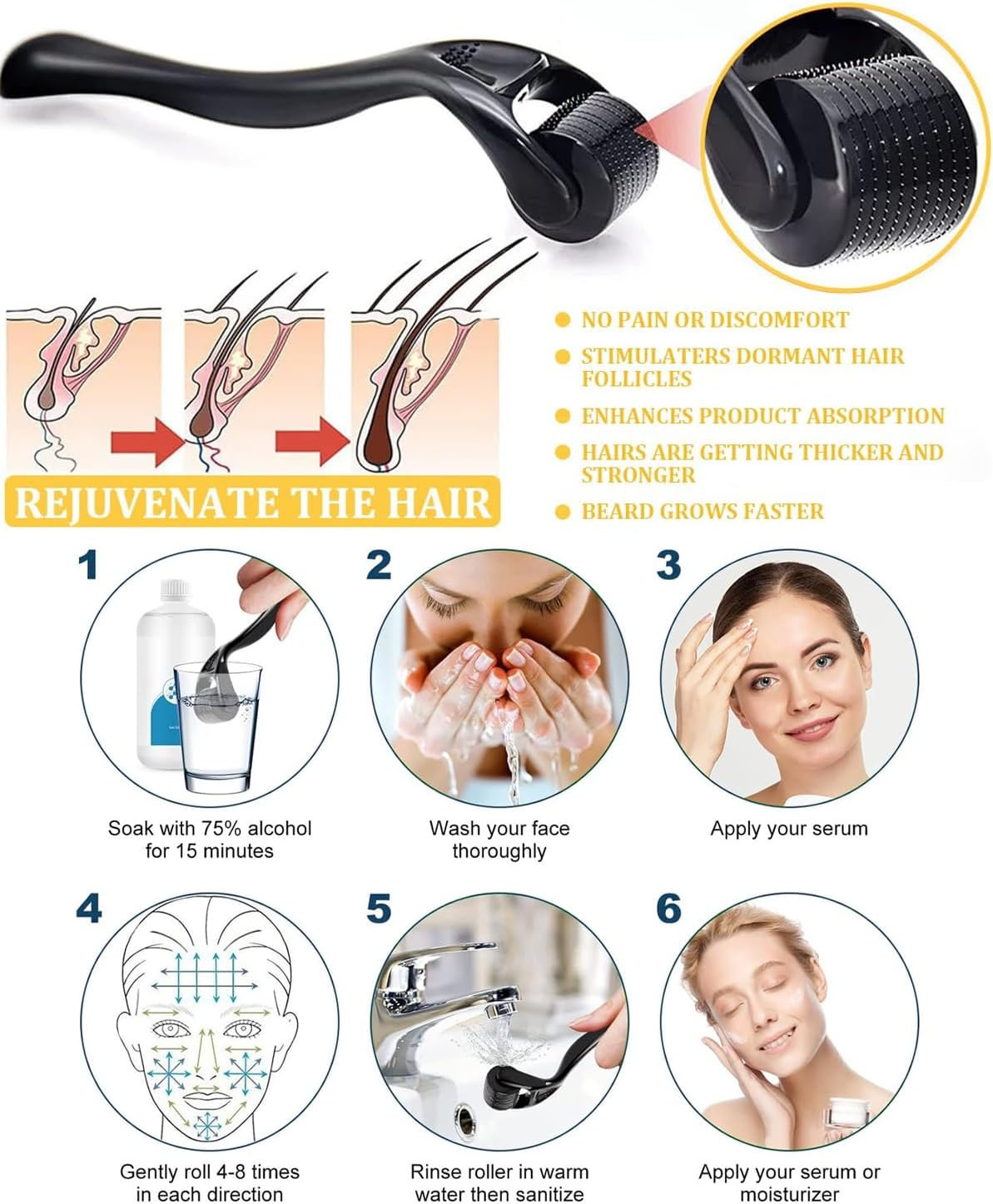 IPNSDON Beard Roller 0.5 Mm, Derma Roller, Beard Roller, Stimulates Beard and Hair Growth, Needle Roller Skin and Hair Men and Women, Reduces Acne Scars and Stretch Marks, Hair Growth Promoting image number 3