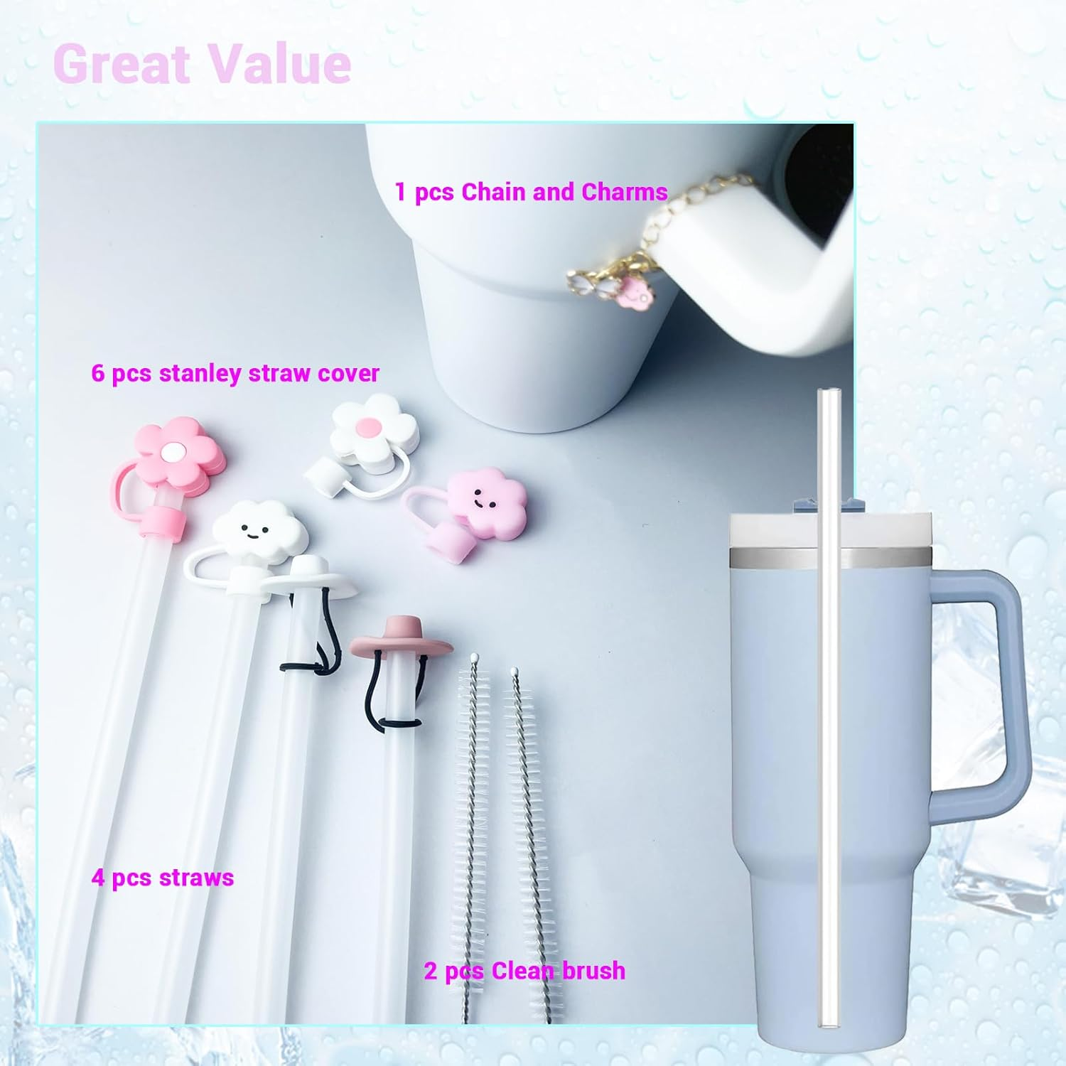 VAVCASE Straws with Cover Cap for Stanley 40Oz Tumbler Replacement - 6Pcs Covers, 4Pcs Straws for 20, 30 & 40Oz Cups, Charms Accessories Set, Large, Clear image number 4