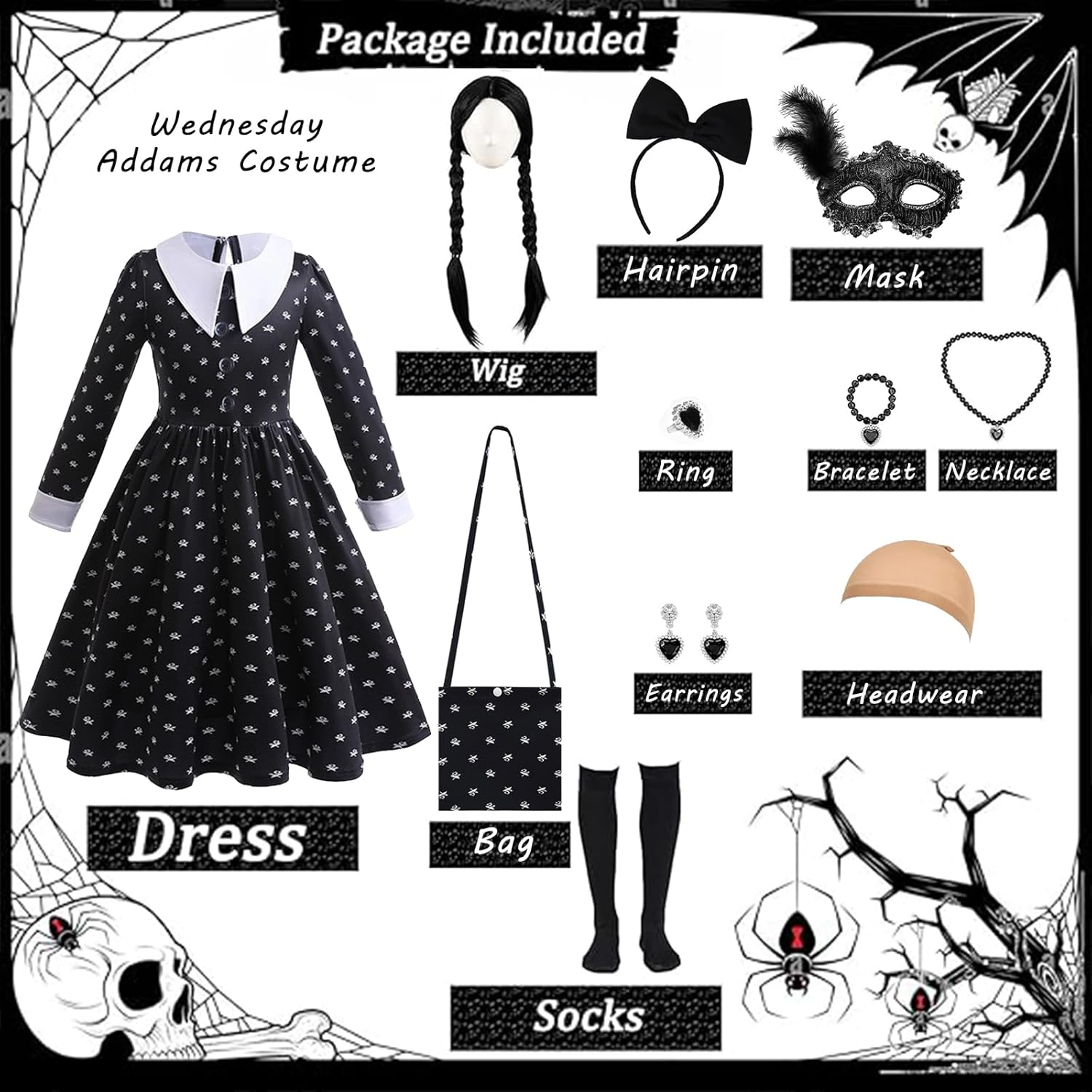 LIODUX 11 Pack Wednesday Black Costume, Wednesday Girls Dress, Teens Black Family Costumes, Girls Halloween Costumes Perfect for Halloween, Cosplay, and Parties image number 3