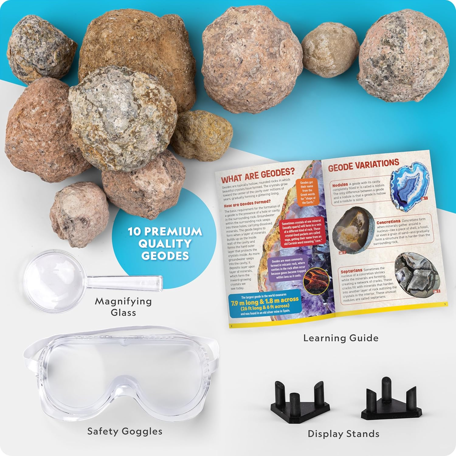 National Geographic Break Open 15 Premium Geodes - with Goggles, Detailed Learning Guide, 3 Display Stands, Great Stem Science Toy & Educational Kit image number 3