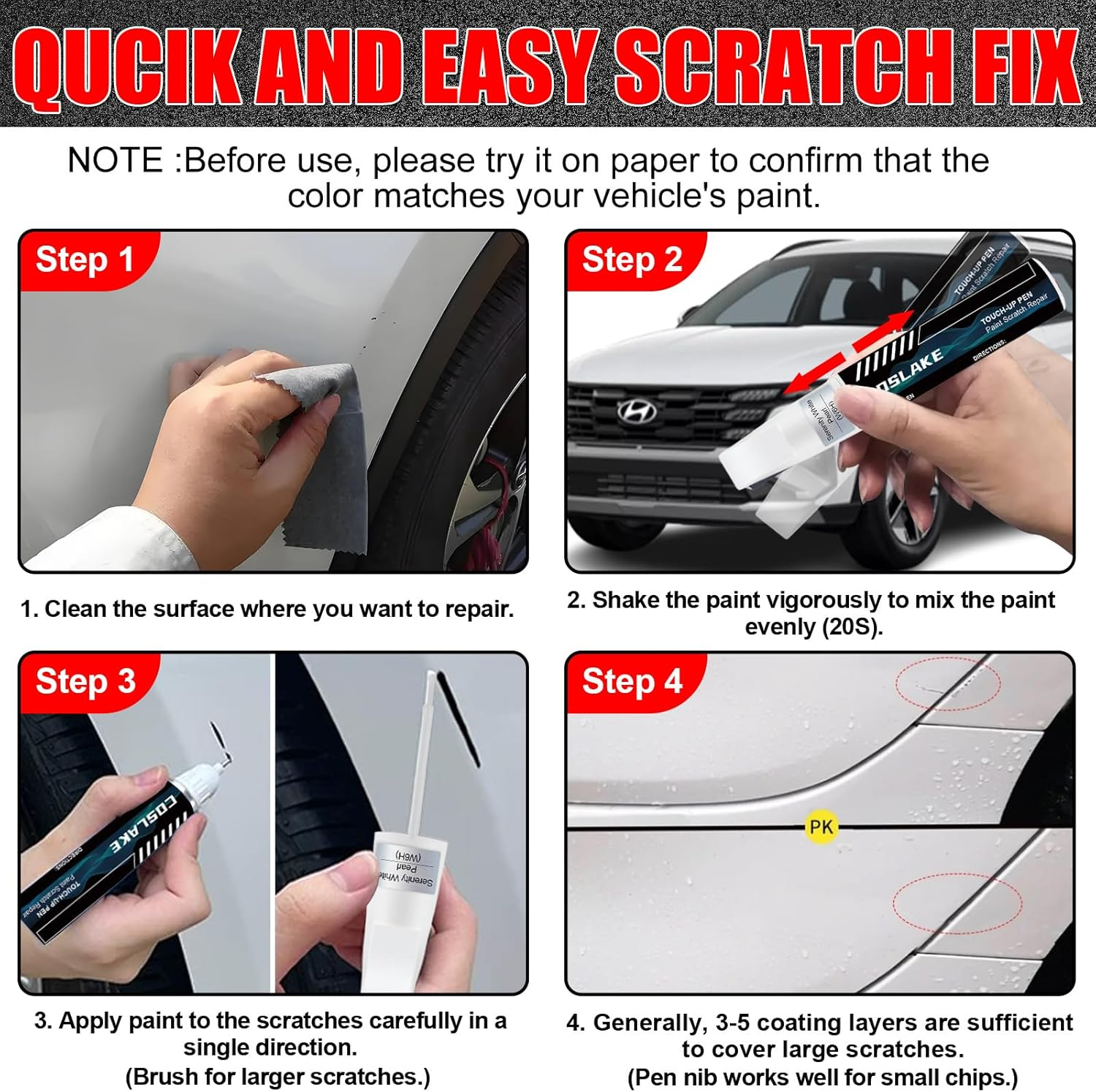 Car Touch up Paint(Abyss Black/Onyx Black(A2B)) for Hyundai, Car Paint Scratch Repair Kit, Quick & Easy Solution to Repair, 2 in 1 Scratch Remover Pen with Color-Matched image number 2