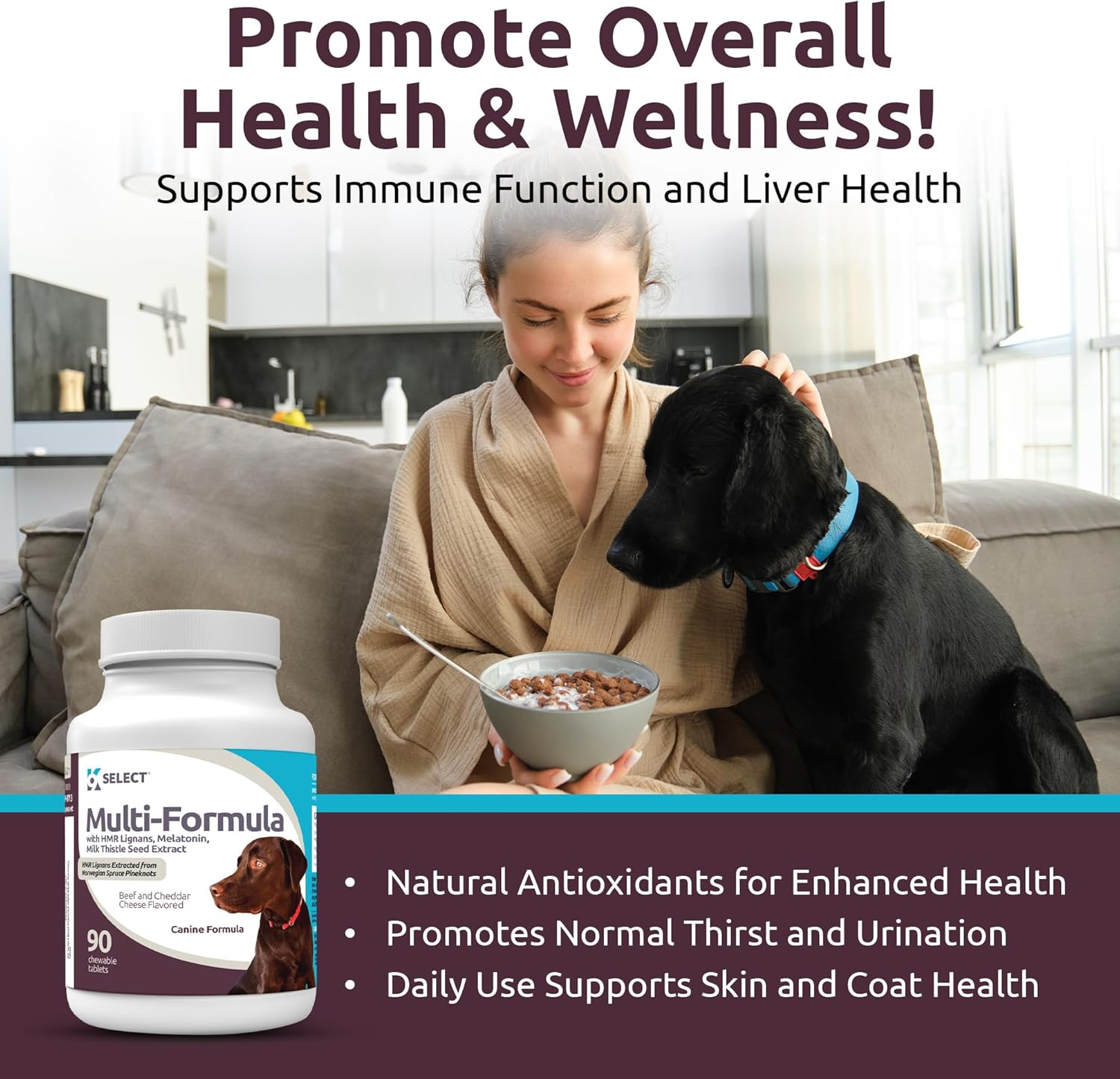 K9 Select Multi-Formula Dog Vitamins for Large Dogs - 30Mg HMR Lignans, 3Mg Melatonin, 60Mg Milk Thistle - Helps Heart, Liver, Digestion, Skin & Coat Health, Dog Multivitamin, 90 Tablets, Beef Flavor image number 6