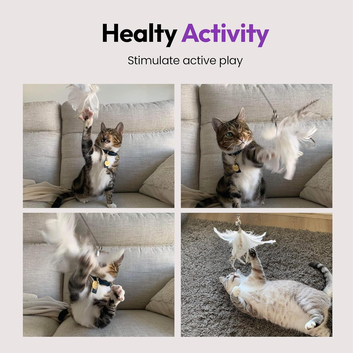 PURRZ Feather Toy Attachments for Cats, 5-Pack &ndash; Jingle Jangle Wand Refills with Kookaburra-Coloured Feathers and Bells for Interactive Cat Play &ndash; Safe and Durable Indoor Cat Toys image number 4