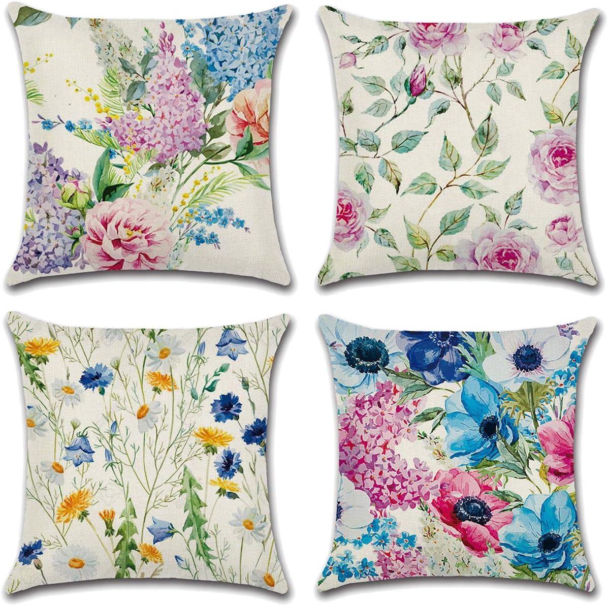 Decorative Throw Pillow Covers Set of 4, 18X18 Inch Square Cushion Covers Decoration Pillowcases Linen Cushion Case for Sofa Patio Living Room Couch Home (Flower and Bird, 45X45Cm/18X18Inch/4Pcs)