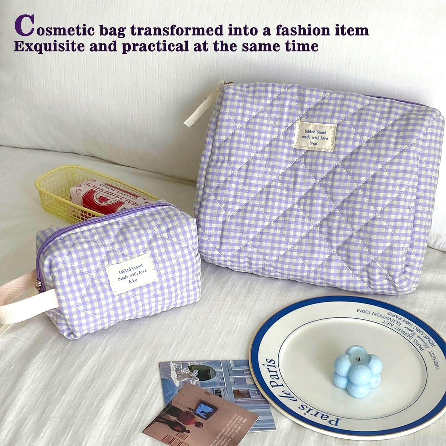 2 Pcs Cotton Quilted Makeup Bag Set,Makeup Brushes Storage Bag,Fashion Sweet Organizer, Cute Travel Toiletry Bag,Women Checkered Design (24Cm+16Cm)