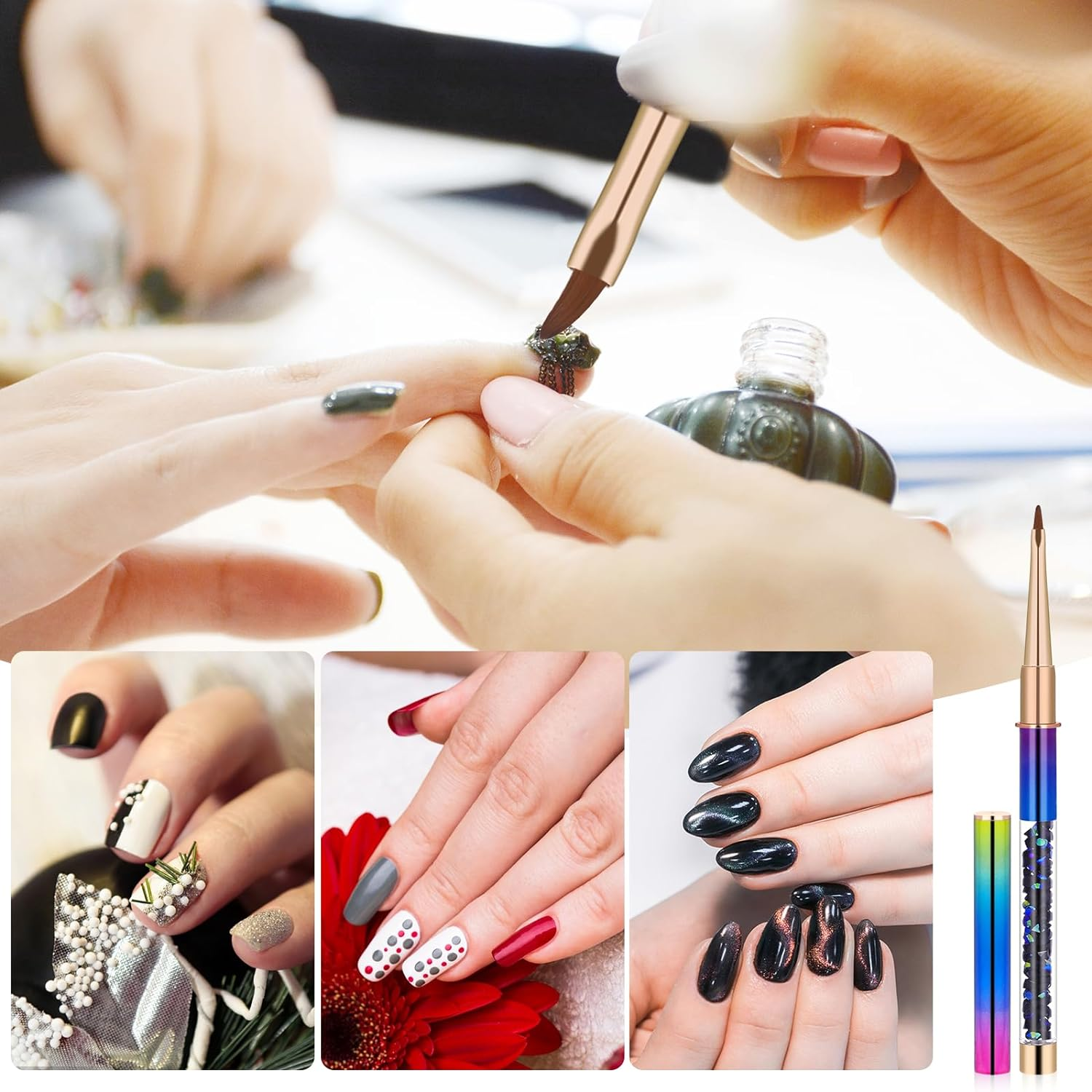 2Pcs Nail Art Clean up Brushes, Painting Brushes for Nails with round & Angled Head Acrylic Nail Brush Pen Painting Tools for Women Nail Art Design & Polish Mistake Cleaning(Style 2) - Blue image number 5