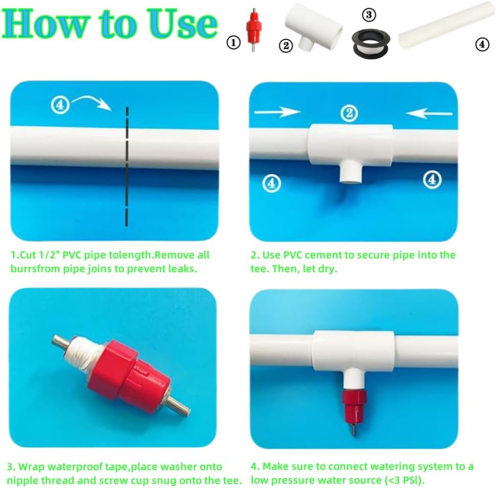 10 Pack Chicken Waterer Nipples & PVC Tee Fittings for 1/2" PVC Piping,Horizontal Poultry Nipples & Tees,Diy Chicken Watering System, Automatic Poulrty Drinking for Chicken,Geese,Rabbits,Ducks,Quail image number 6