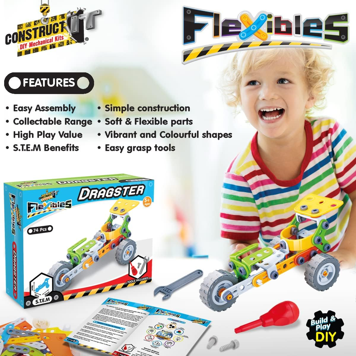 Construct IT Flexibles Dragster Building Set with Tools Included - 74 Pieces Toy Drag Race Car Construction Set - STEM Toys for 5+ Year Olds - Build Your Own Toy Drag Race Car image number 1