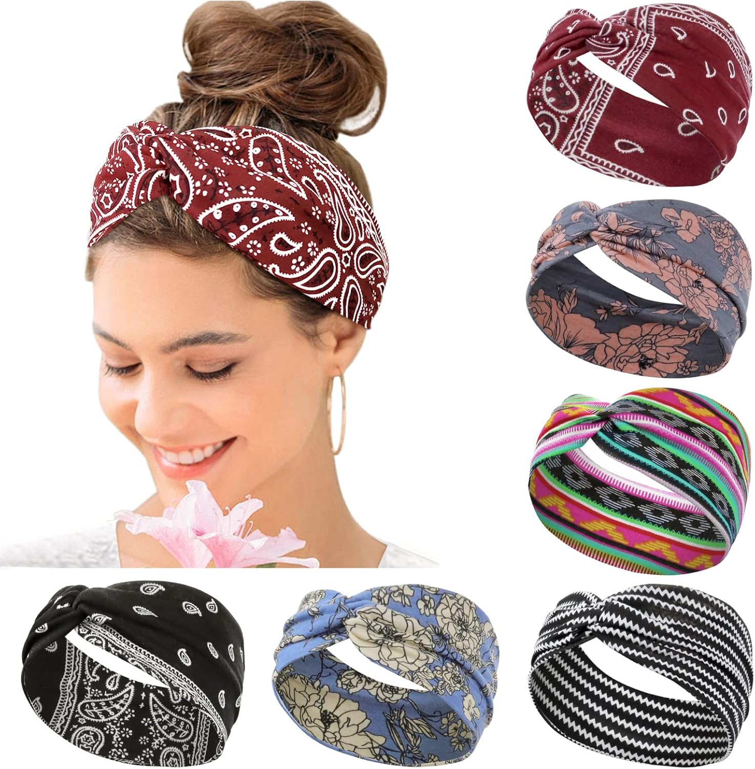 Women'S Hair Bands Wide Elastic Soft 6 Pieces Summer Boho Headband Print Hair Accessories Yoga Sports Hairband Multicoloured Thin Headbands (G)