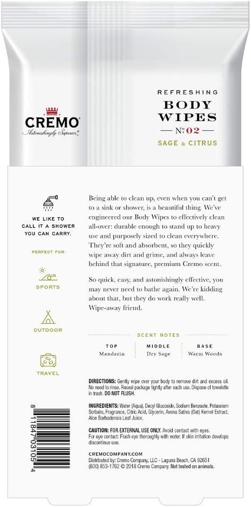 Cremo Refreshing Sage & Citrus Body Wipes, a Revitalizing Combination of Bright Mandarin, Dry Herbs and White Cedar, 60 Count image number 2