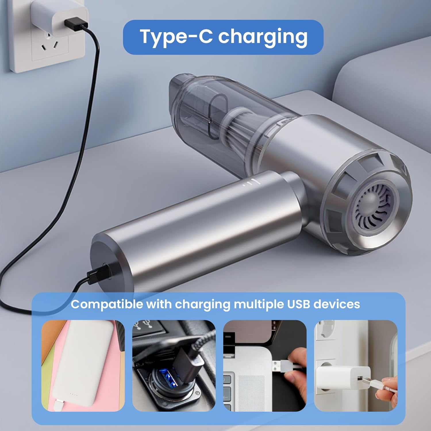 Cordless Car Vacuum Cleaner, 21000PA Handheld Vacuum Cleaner, Rechargeable High Power Suction Vacuum Cleaner with 3 Gear Adjustment, Portable Vacuum Cleaner for Home, Office, Kitchen, Cars, Sofa, Pet