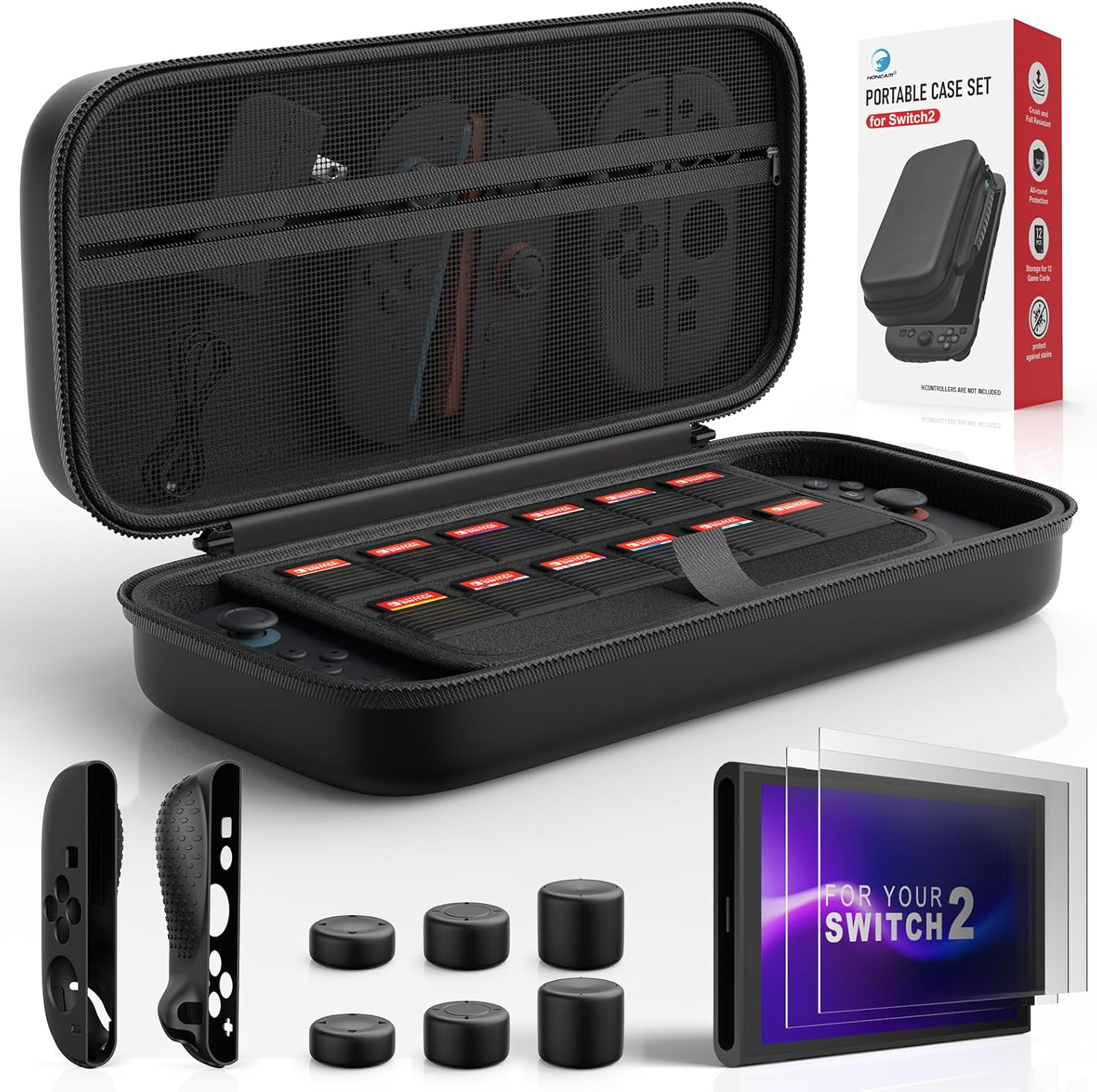 Protection Bundle for Nintendo Switch 2, Switch Accessories with Console Carrying Case, 2X Tempered Glass Screen Protectors, 2X Joy-Con Controller Cases, 6X Anti-Slip Thumb Grip Caps, All-In-One Travel Kit image number 6