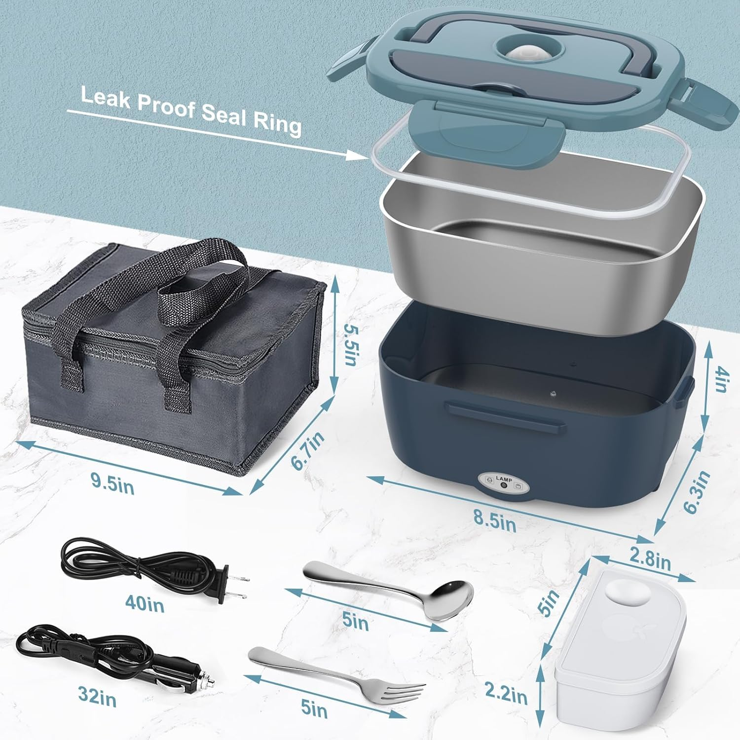 Electric Lunch Box Food Heater for Adults, 12/24/220V Portable Stainless Steel Lunch Warmer, Leak Proof, Heated Lunch Box for Car/Truck/Office with Stainless Fork & Spoon & Carry Bag image number 1