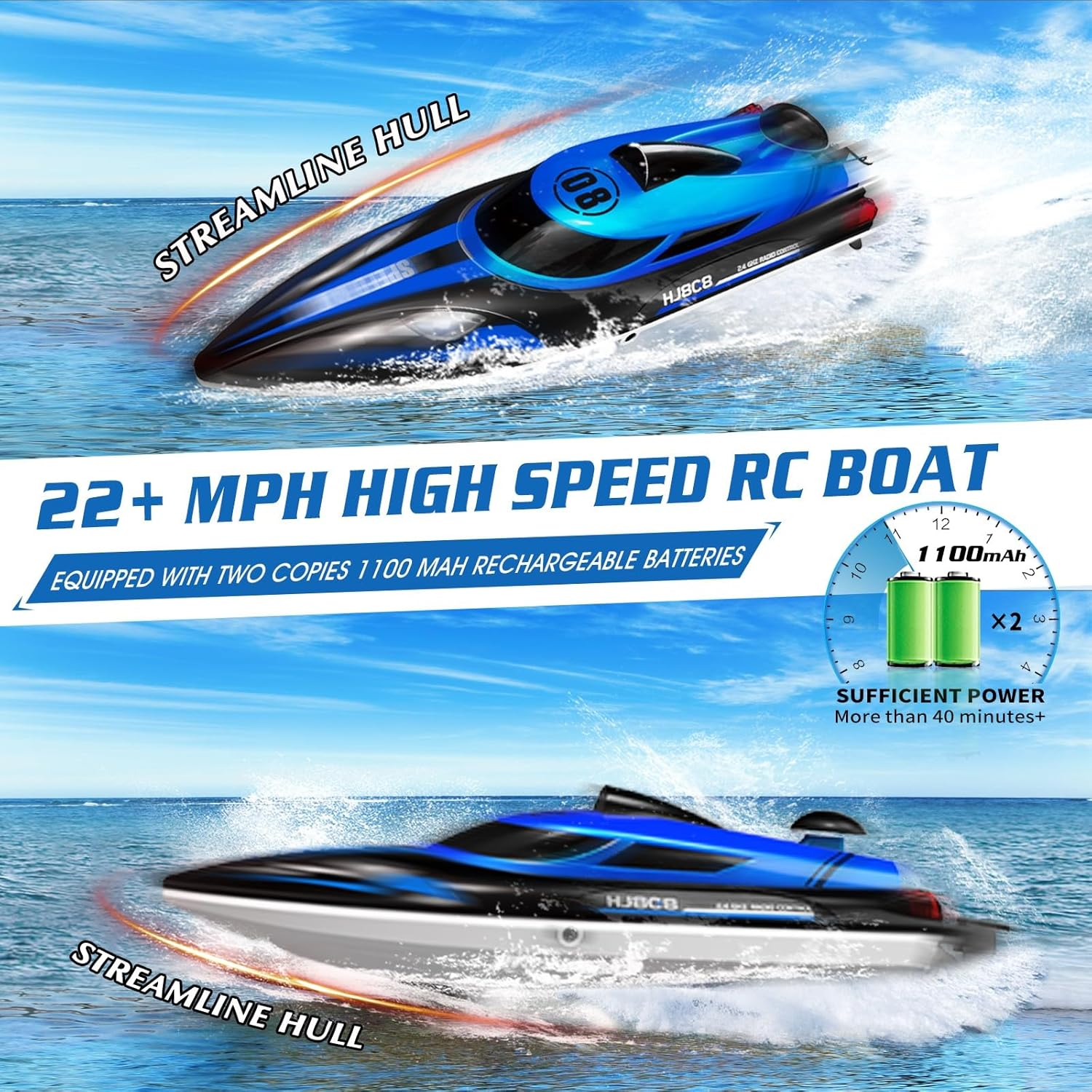 OSWIN RC Boat - HJ808 with 2 Rechargeable Battery, 20+ MPH Fast Remote Control Boat for Pool & Lake, RC Speed Boat 2.4Ghz Race Boats for Adults & Kid, Outdoor Water Toys(Blue) image number 4