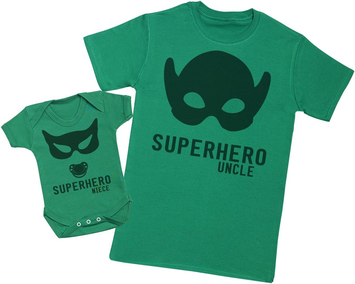 Zarlivia Clothing Superhero Niece - Matching Uncle Niece Gift Set - Mens T Shirt & Baby Bodysuit - Green - Small & 18-24 Months image number 2