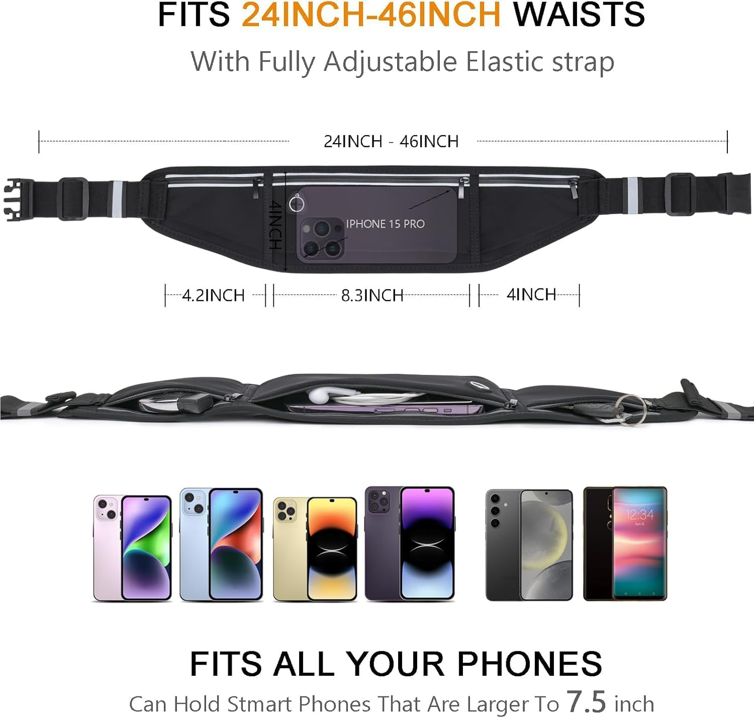 Slim Running Belt for Women and Men, Phone Holder Runners Pouch Waist Belt for Workout Jogging, Reflective Running Pouch for Hiking Cycling Workout image number 1