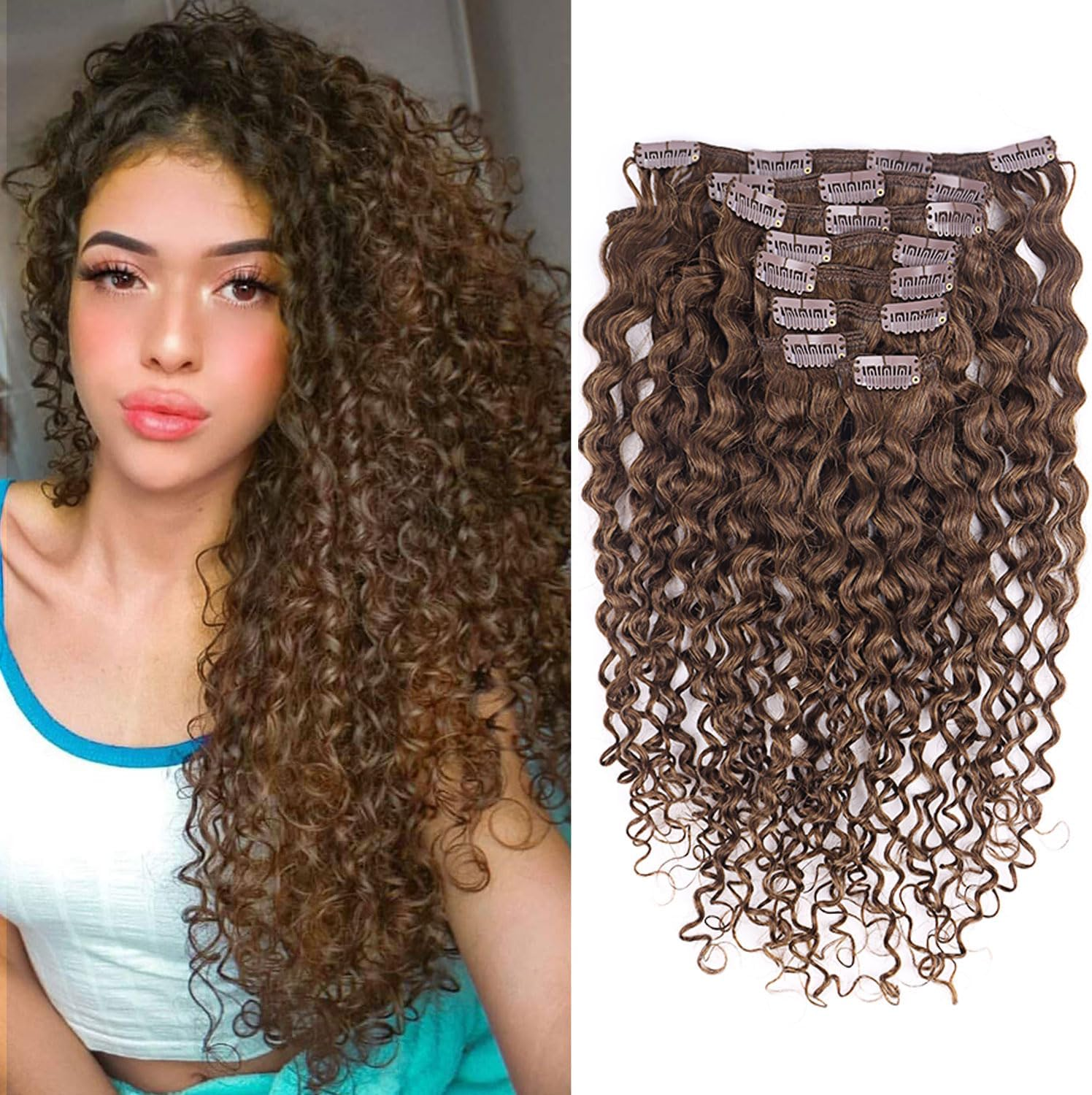 Fulang Hair Kinky Curly Clip-In Hair Extensions Real Hair 45 Cm 8 Pieces 120 G Dark Brown Hair Pieces Real Hair Extensions Clip-In Hair Extensions for Women