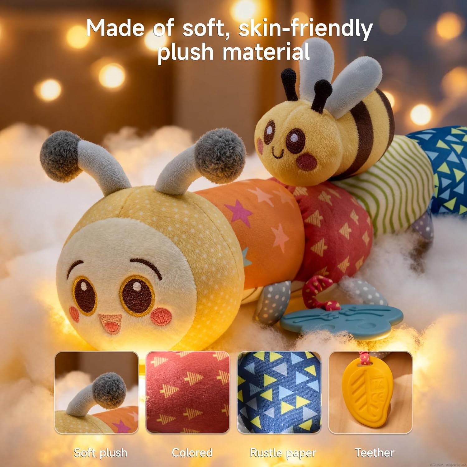 TUMAMA Caterpillar Sensory Toys,Infant Stuffed Animal with Crinkle Paper Rattle,Tummy Time Soft Activity Sensory Toys for 0 3 6 9+ Months Newborn Baby image number 3