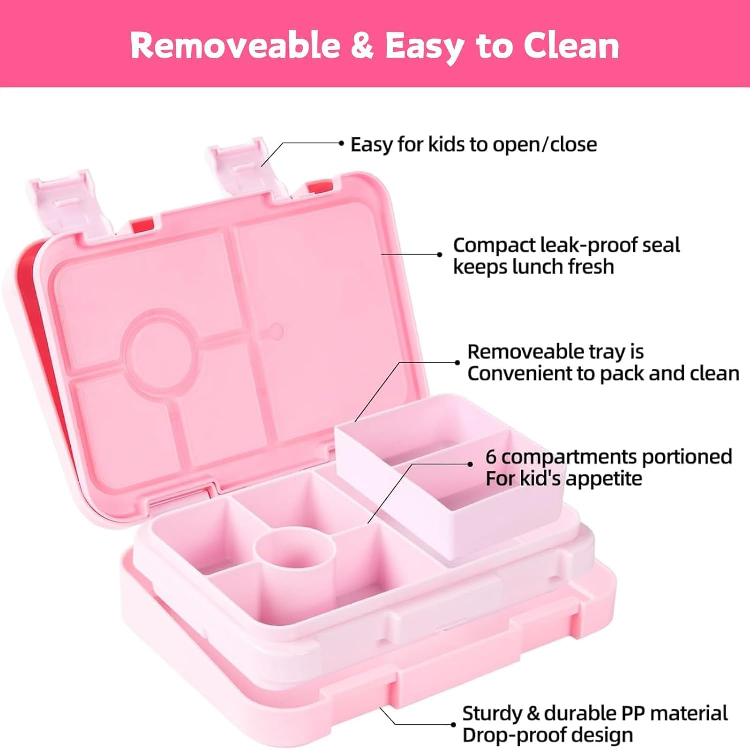 Bento Box, Double Buckle Leakproof Bento Lunch Box, Lunch Containers for Adult Kids with 5 Compartments, Snack Containers for on the Go Meal, Food Tray BPA Free (Pink) - Blue image number 4