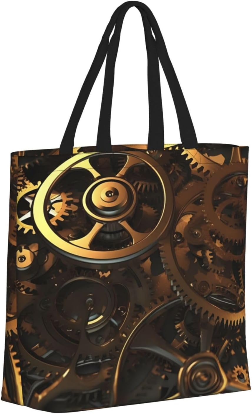 STVYUKL Cool Steampunk Gears Tote Bag for Women Casual Portable Shopping Handbags with Zipper Inner Pocket Reusable Waterproof Beach Grocery Bag for Shopping Travel Work, Black, One Size image number 5