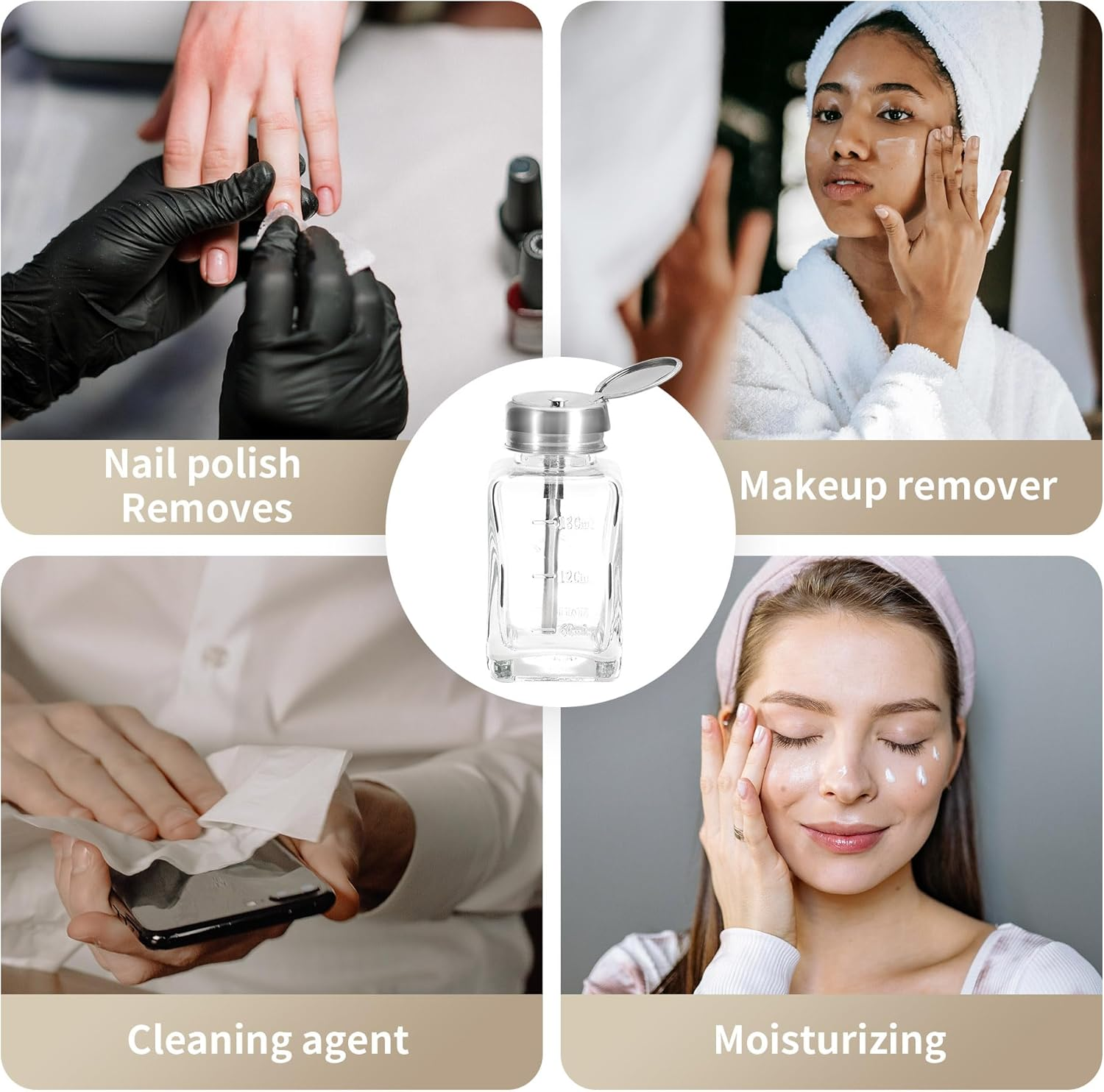 Soug 3 Pcs 6 Oz/ 180 Ml Clear Pump Dispenser Bottle with Metal Flip Cover Glass Nail Polish Remover Push down Dispenser Bottle Refillable Push down Pump Dispenser Press Container for Makeup Remover image number 2