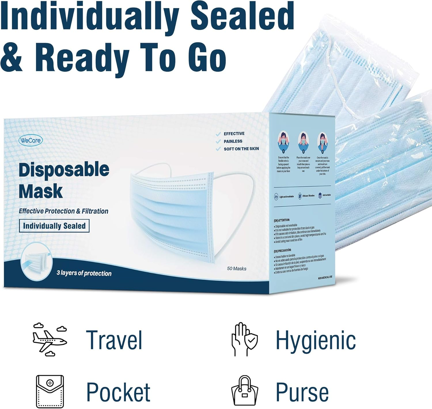Wecare Individually Wrapped Disposable Face Masks - 50 Pack, Blue - Soft on Skin - 3 Ply Protectors with Elastic Earloops - Latex Free, Non Woven, Single Use - Effective Filtration - Retail Packaging image number 3