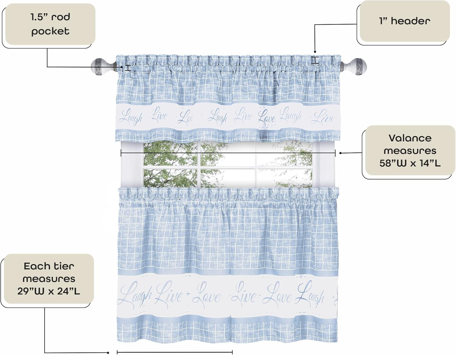 Tier and Valance Window Curtain Set - 58 Inch Width, 36 Inch Length - Live, Love, Laugh (Light Blue) - Light Filtering Drapes for Kitchen, Bedroom, Living & Dining Room by Achim Home Decor image number 3