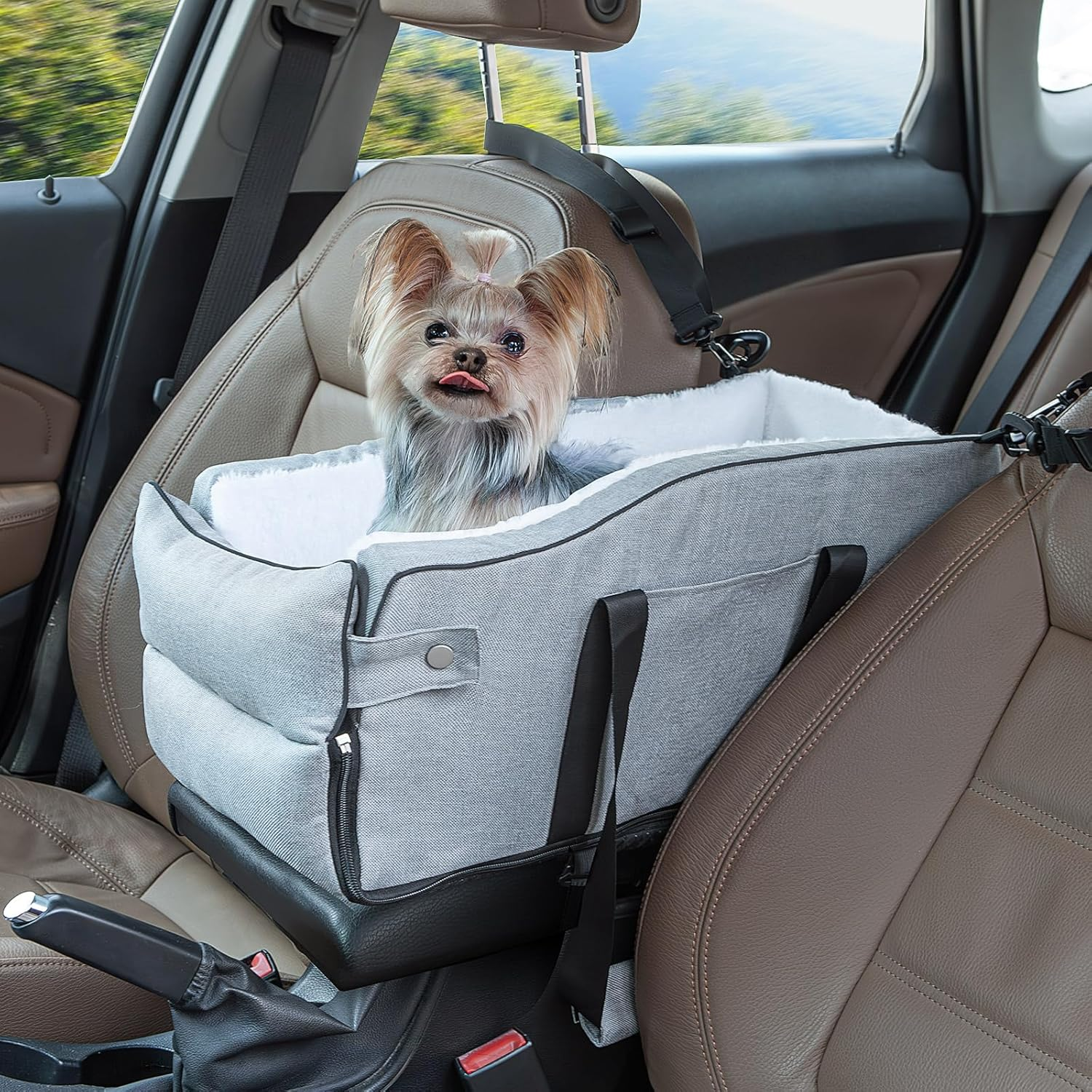 Center Console Dog Car Seat, Dog Car Seat for Small Dogs Cats under 12 Lbs, Dog Booster Car Seat with Safety Tethers, Washable Dog Car Bed, Dog Travel Bag with Fixed Straps, Fits Car, Travel image number 3