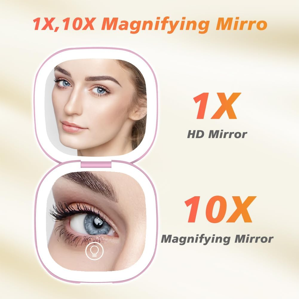 Compact LED Magnifying Travel Makeup Mirror 1X/10X Magnification Small Hand Pocket Mirror 3 Light Colors Dimmable Double Sided USB Rechargeable Touch Screen, Portable Cosmetic Mirror(Pink) image number 2