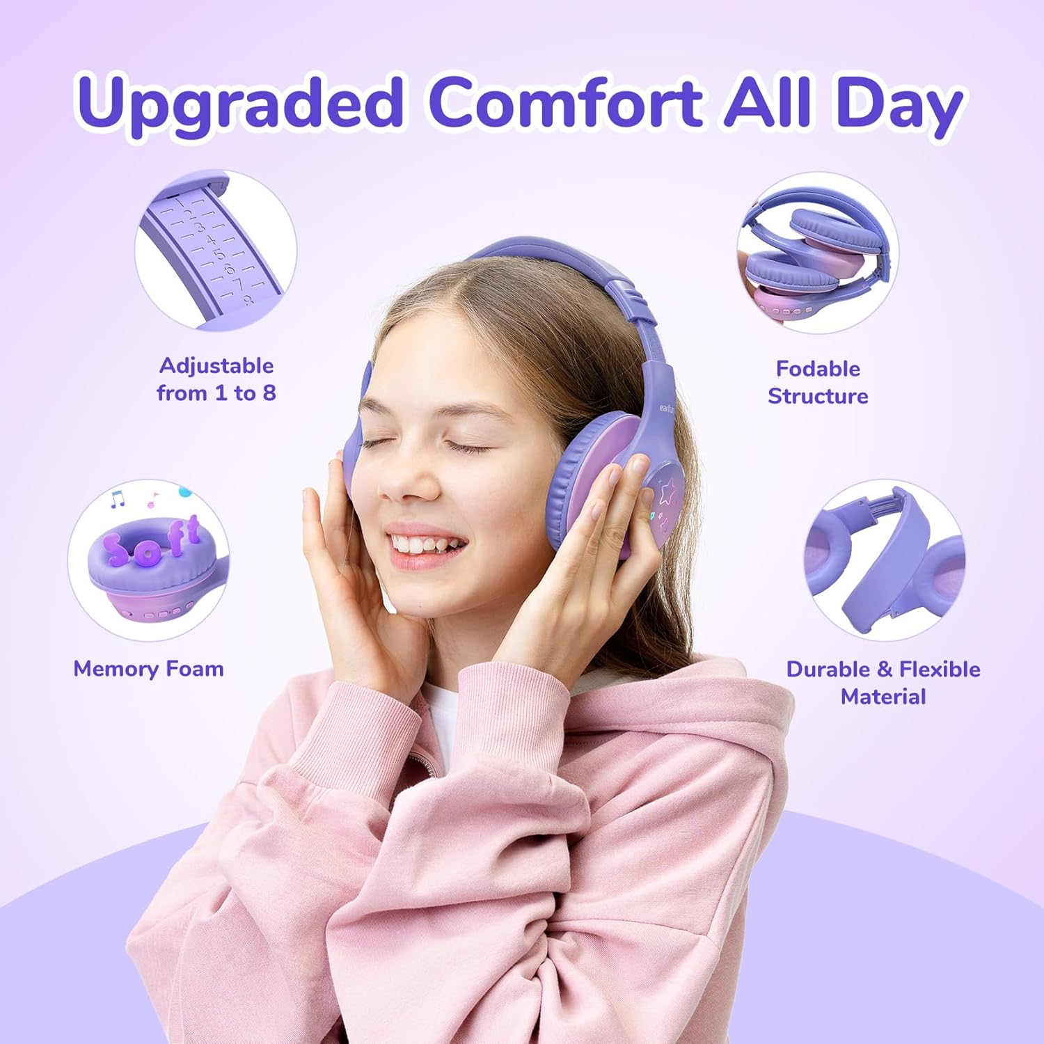 Earfun K4 Kids Bluetooth Headphones Wireless with LED Lights, 74/85/94Dba Volume Limited, Built-In Mic, 90H Playtime, Bluetooth 5.4 over Ear Headphones for Ipad/Pc/Tablet/School, Violet