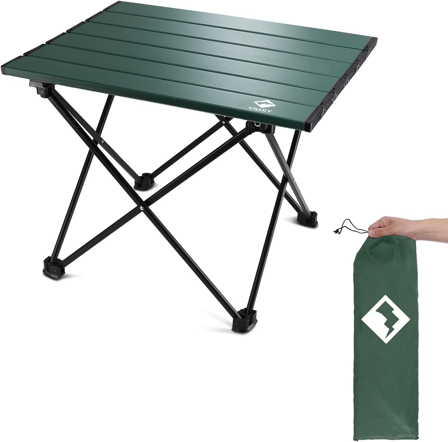 VILLEY Portable Camping Side Table, Ultralight Aluminum Folding Beach Table with Carry Bag for Outdoor Cooking, Picnic, Camp, Boat, Travel - Green